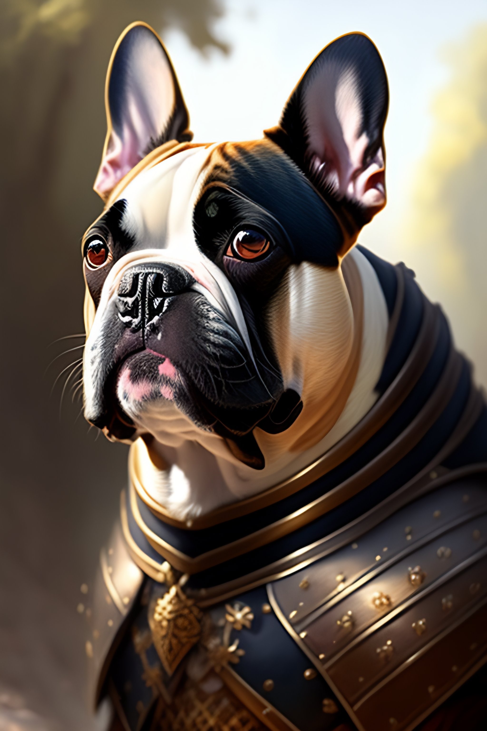 Lexica - A detailed portrait of french bulldog in armor with long sword