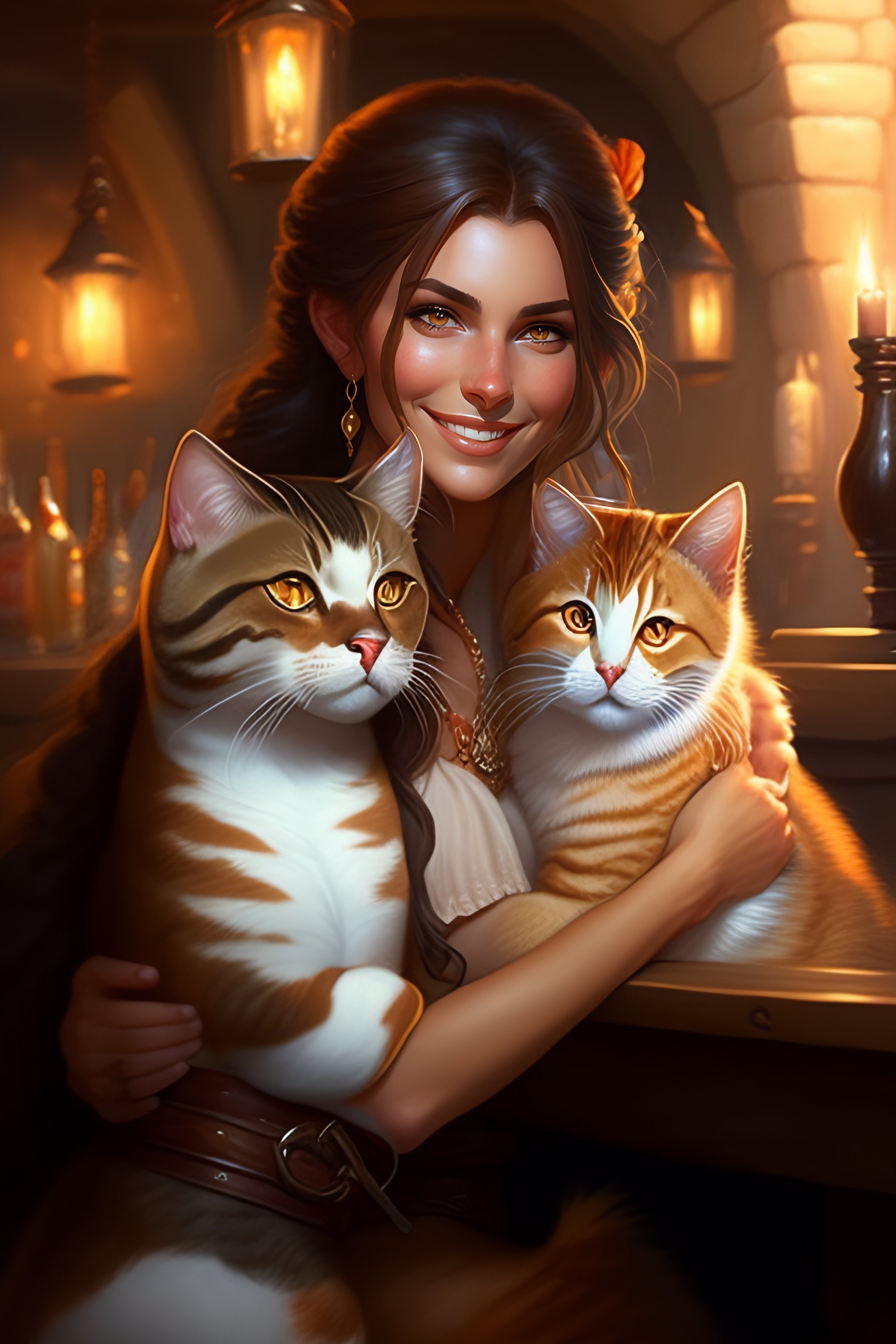 Lexica - A detailed portrait of a cute brunette girl hugging a tabby ...