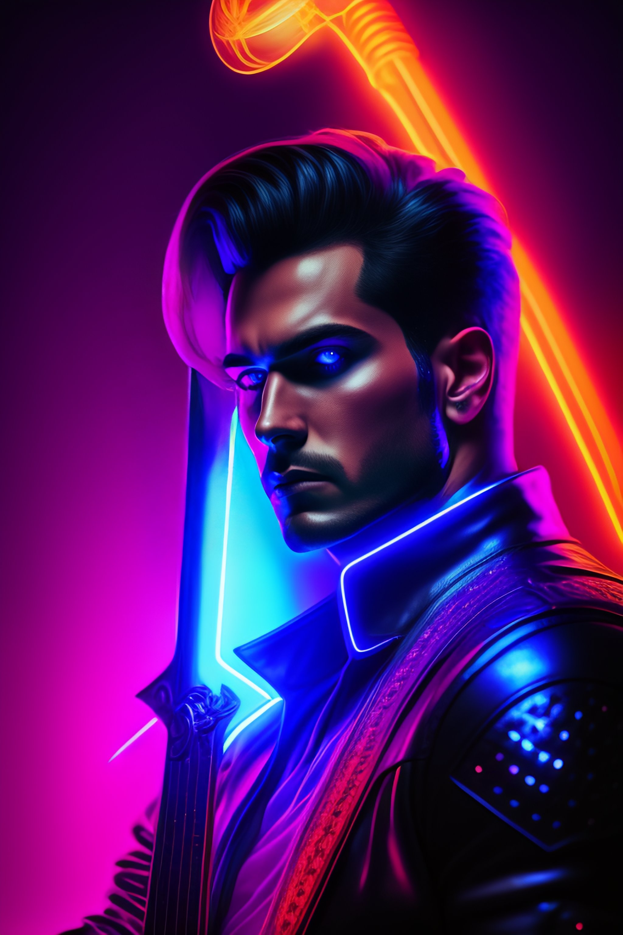 Lexica - Synthwave Portrait of demon holding nether sword. Neon lights