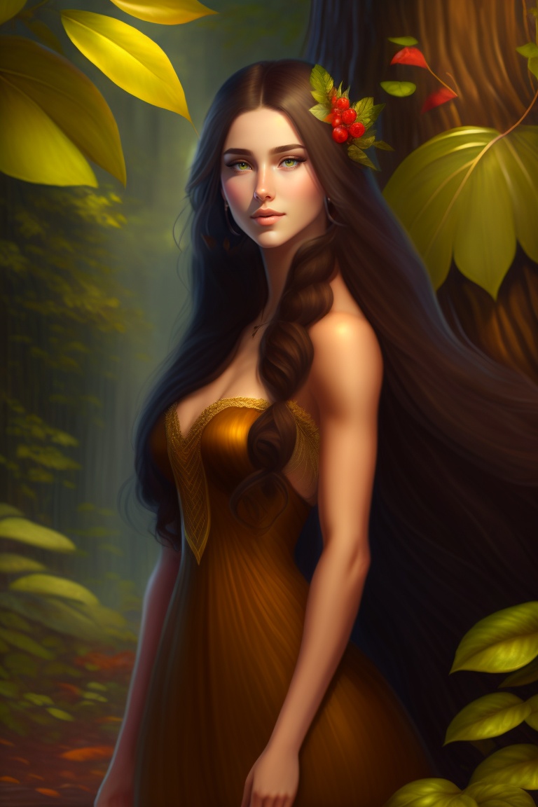 Lexica - Dryad, wood nymph, tree girl, long dark hair, full length