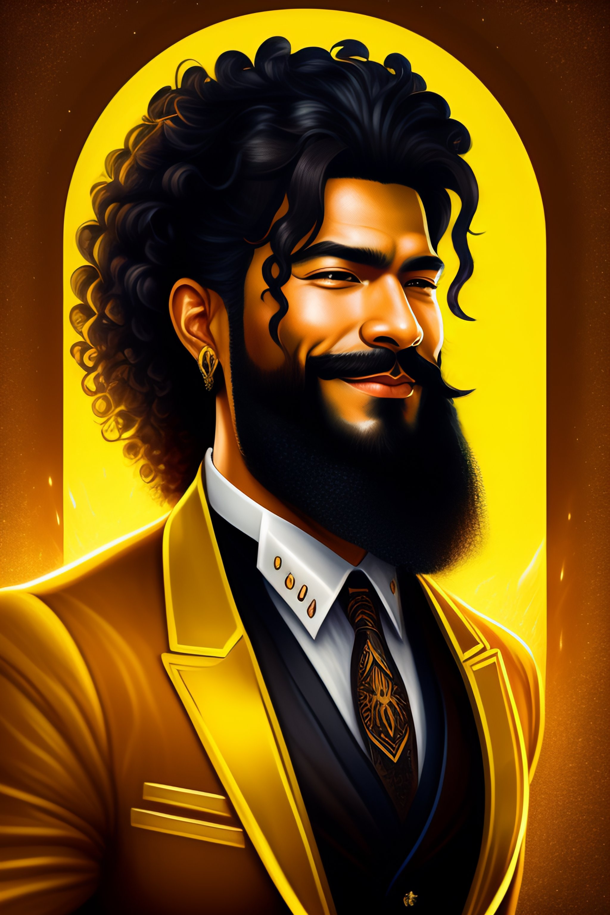 Lexica - Anime warrior king, 42 years old, black long hair, long curly  hair, having a short go tee ,yellow eyes, full beard perfectly trimmed,  wearin