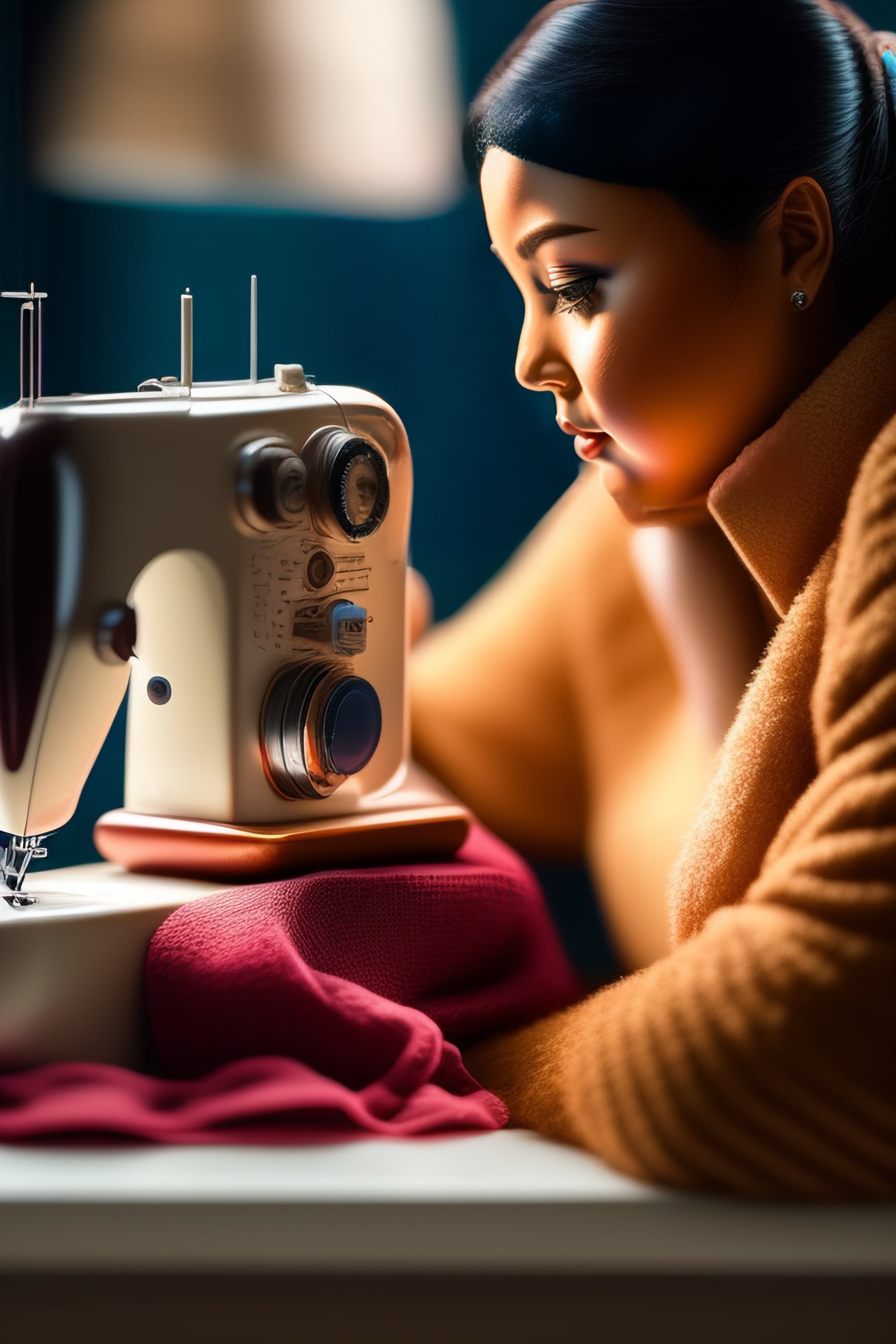 Lexica - A woman in the room is sitting and sewing a doll