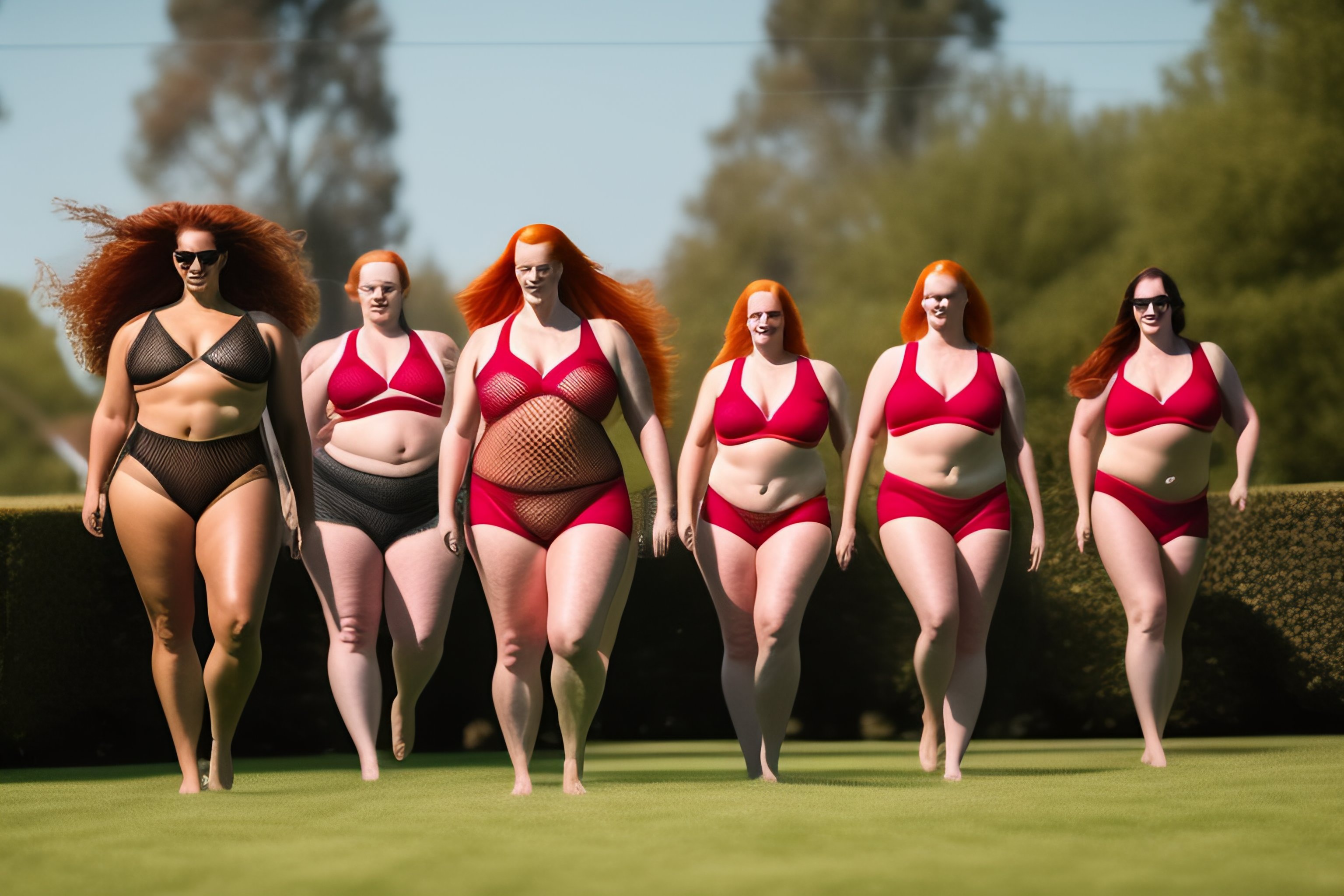 Lexica - A group of symmetrical smiling plus size redhead woman dressed in  mesh string bikinis walking on lawn full height long legs doing the splits