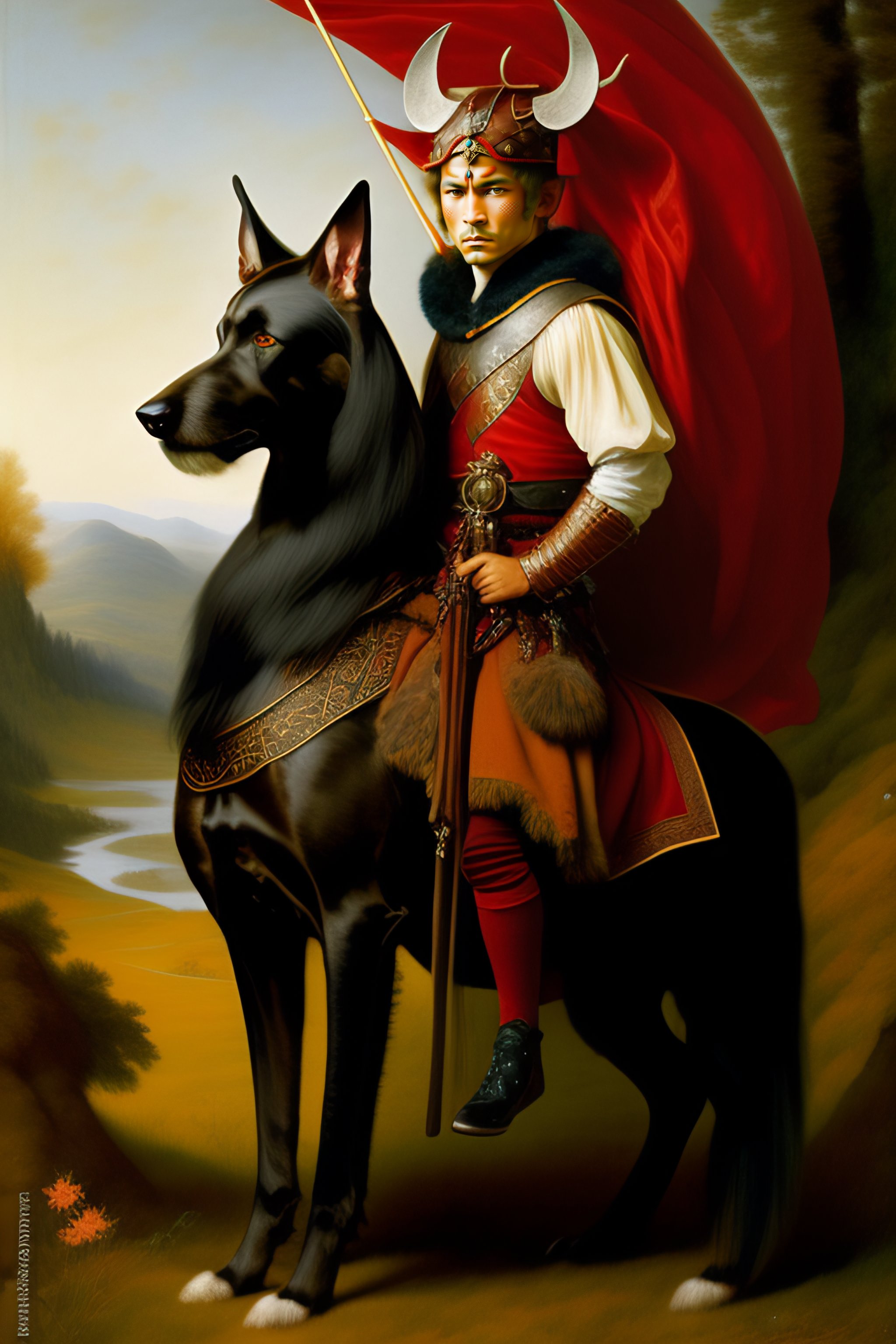 Lexica - A young oni riding a Scottish Deerhound, oni mask, deer horns ...