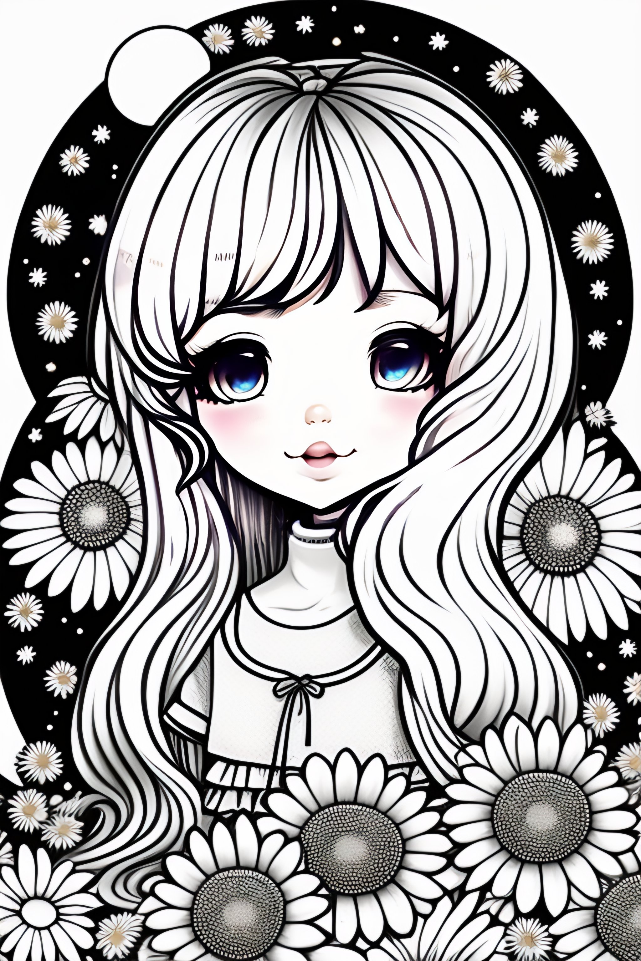 Lexica - Kawaii style no color of a cute adorable girl with a long ...