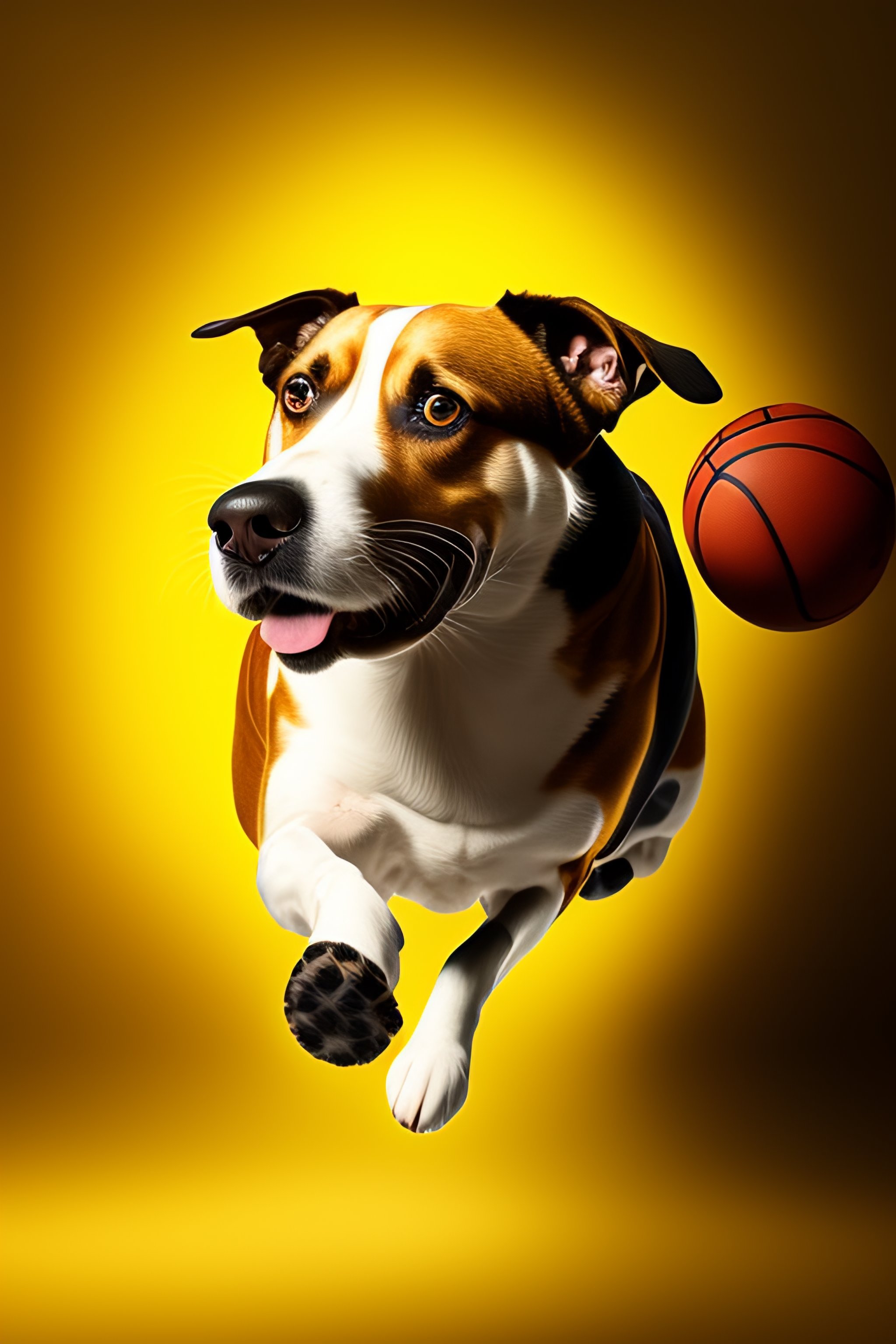 Lexica Basketball dog basketball basket jump yellow background