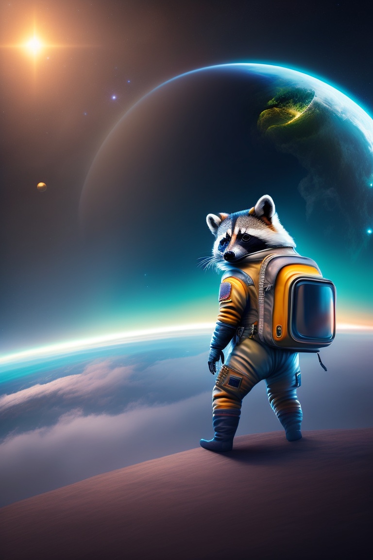 Lexica - Raccoon in space in a spacesuit, beautiful planet
