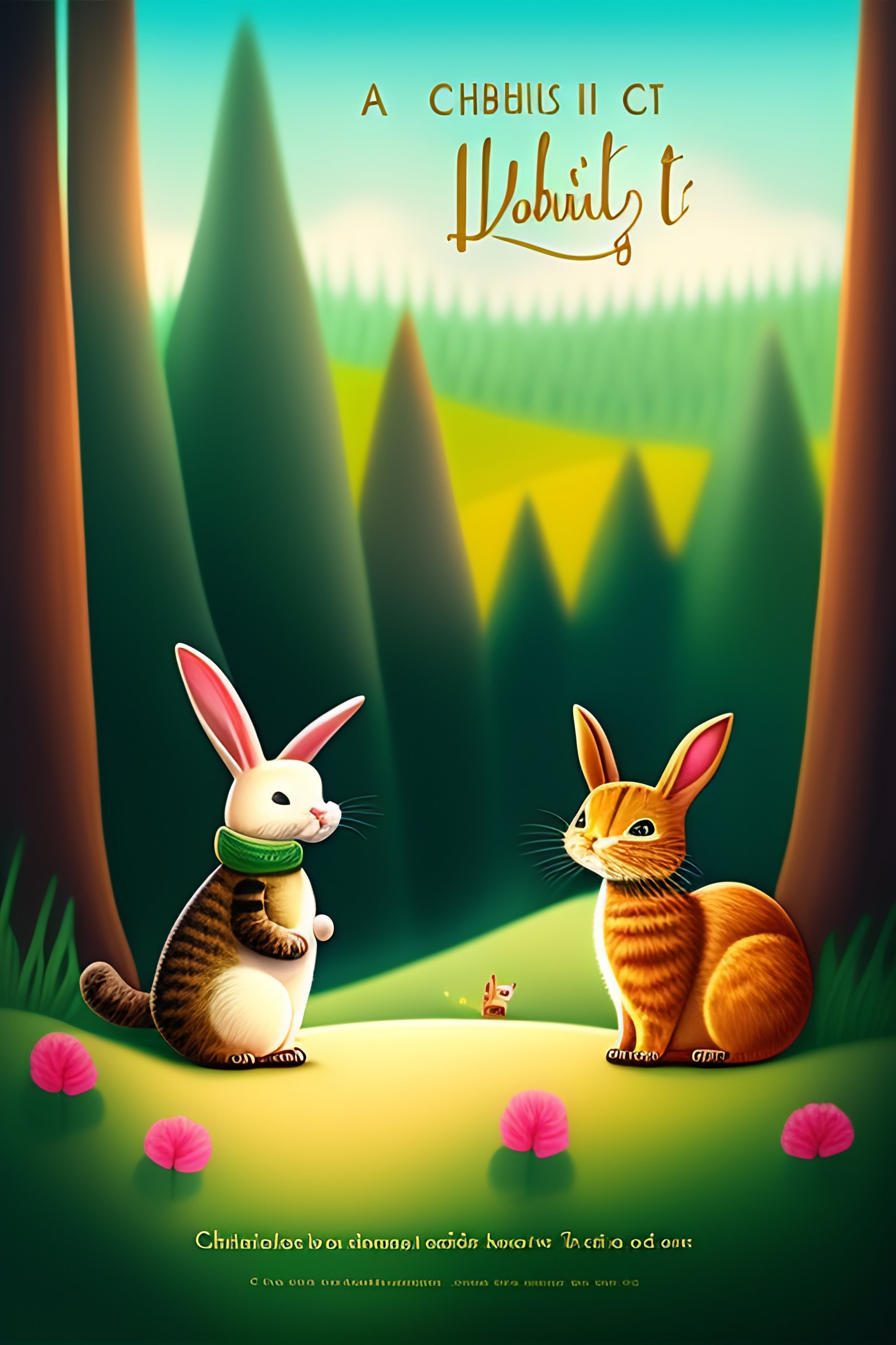 Lexica - A book cover for a child book about a cat and a rabbit going ...