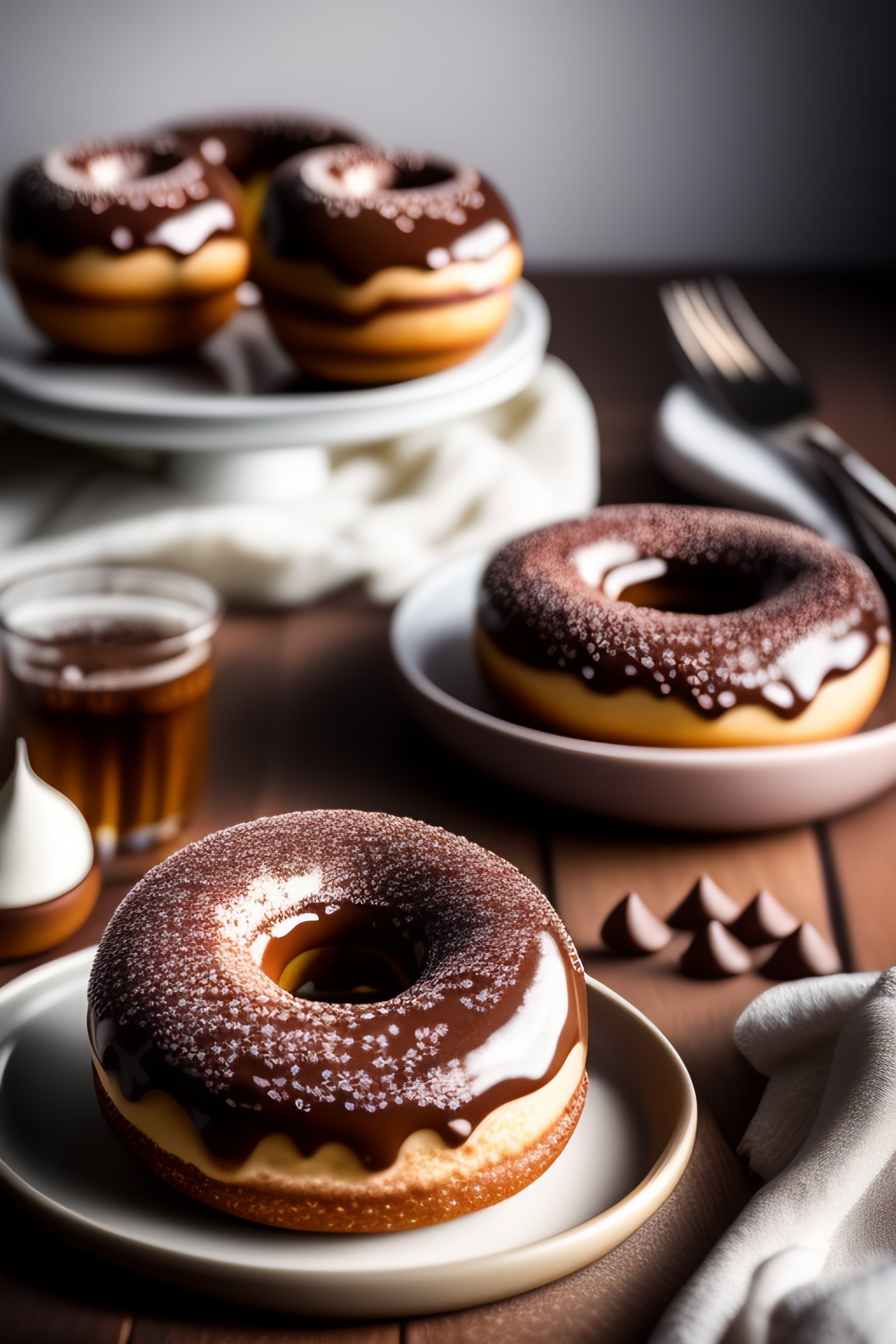 Lexica Realistic detailed chocolate sprinkled donuts on a white plate