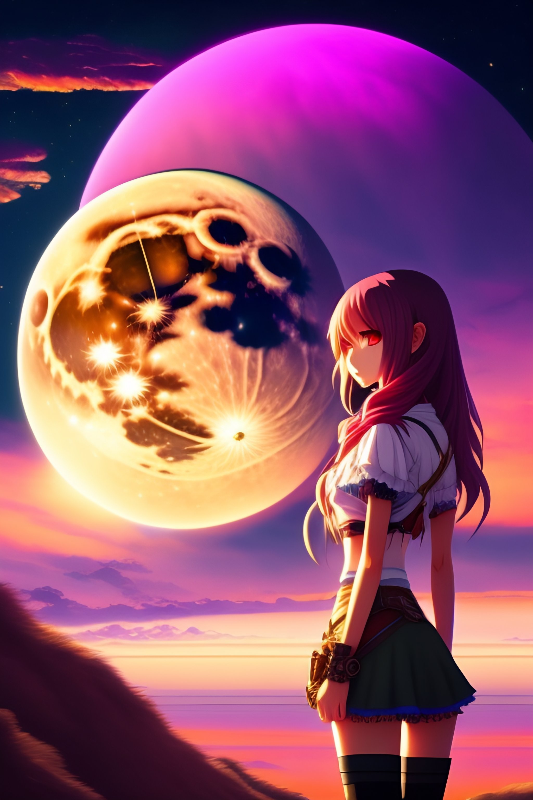 Lexica - Full moon, pink moon, anime, anime girl, long hair, view in  camera, no floor