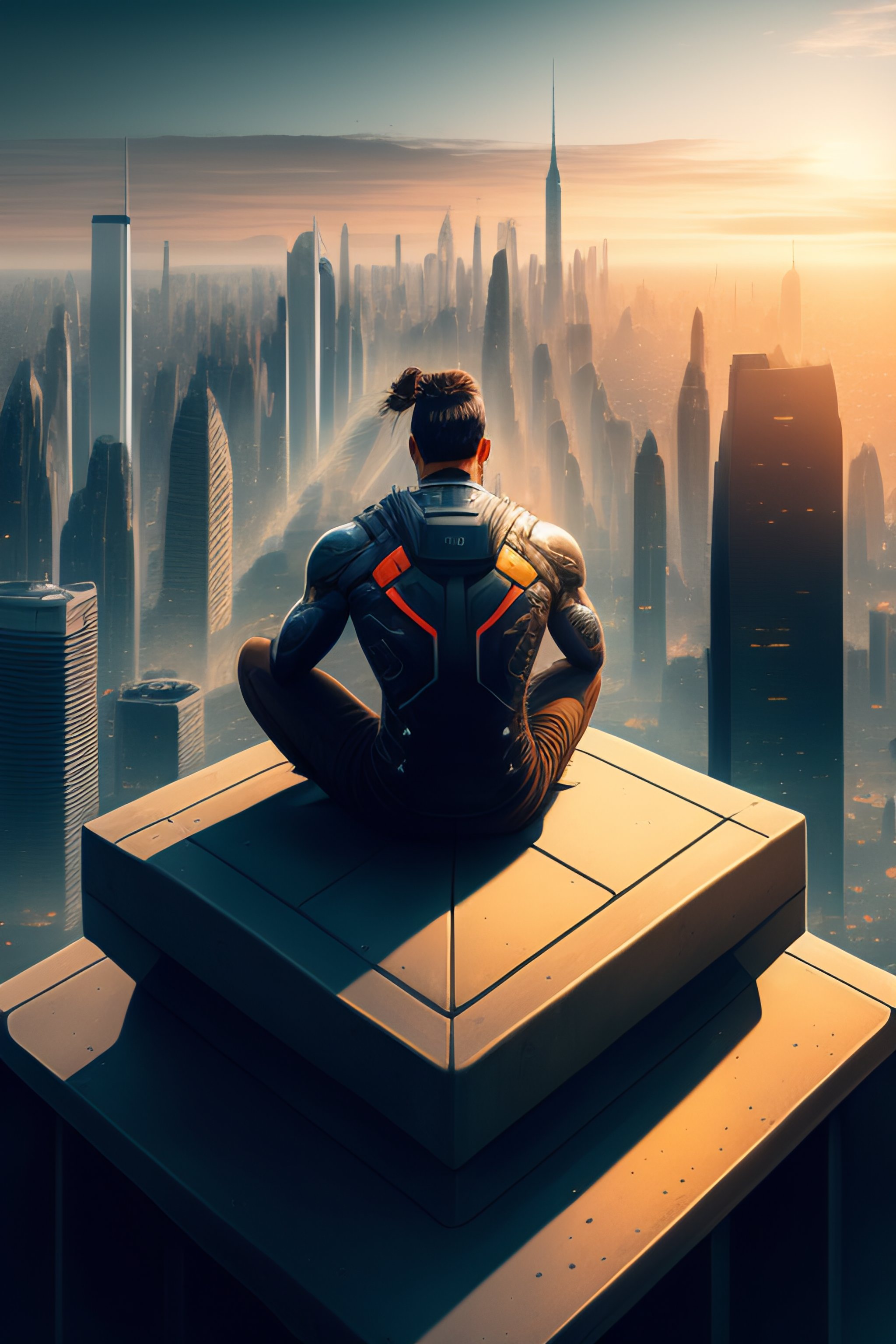 Lexica - Cyborg sitting on a roof looking down at a city below ...