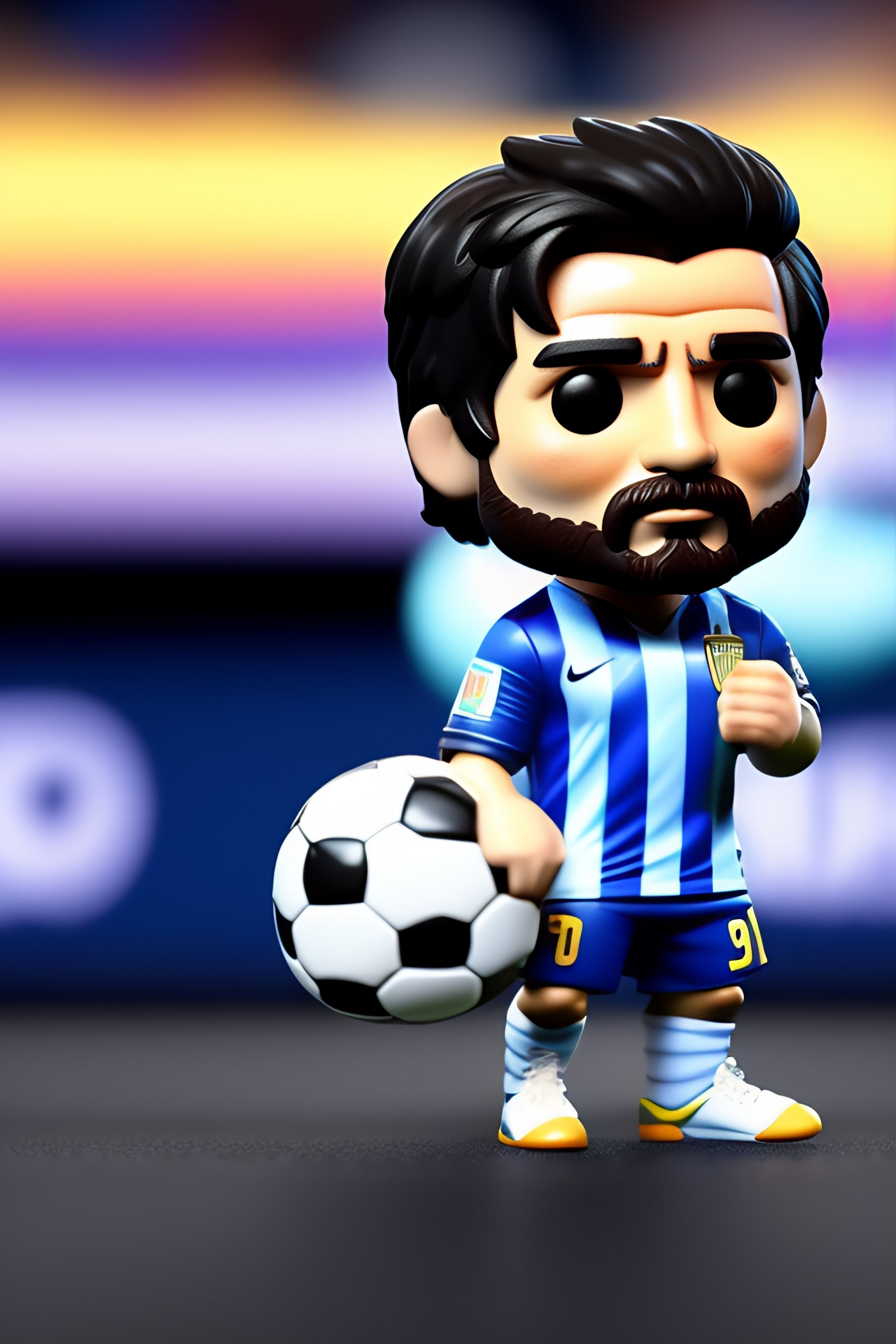Lexica - Full body 3d render of funko pop Lionel Messi with argentina shirt  and lifting up the worldclup