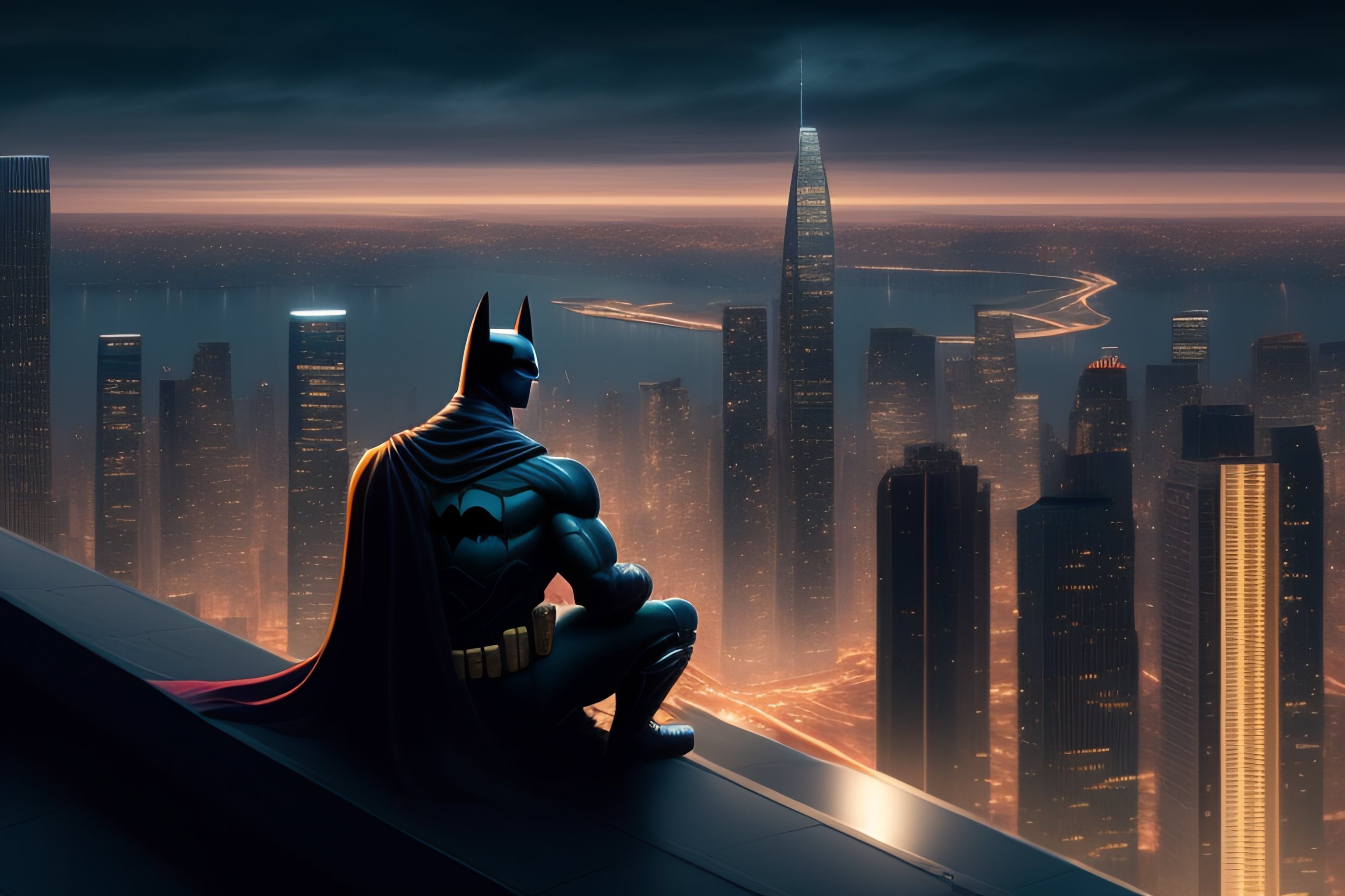 Lexica - Batman sitting on a roof looking down at a city below, extremely  detailed