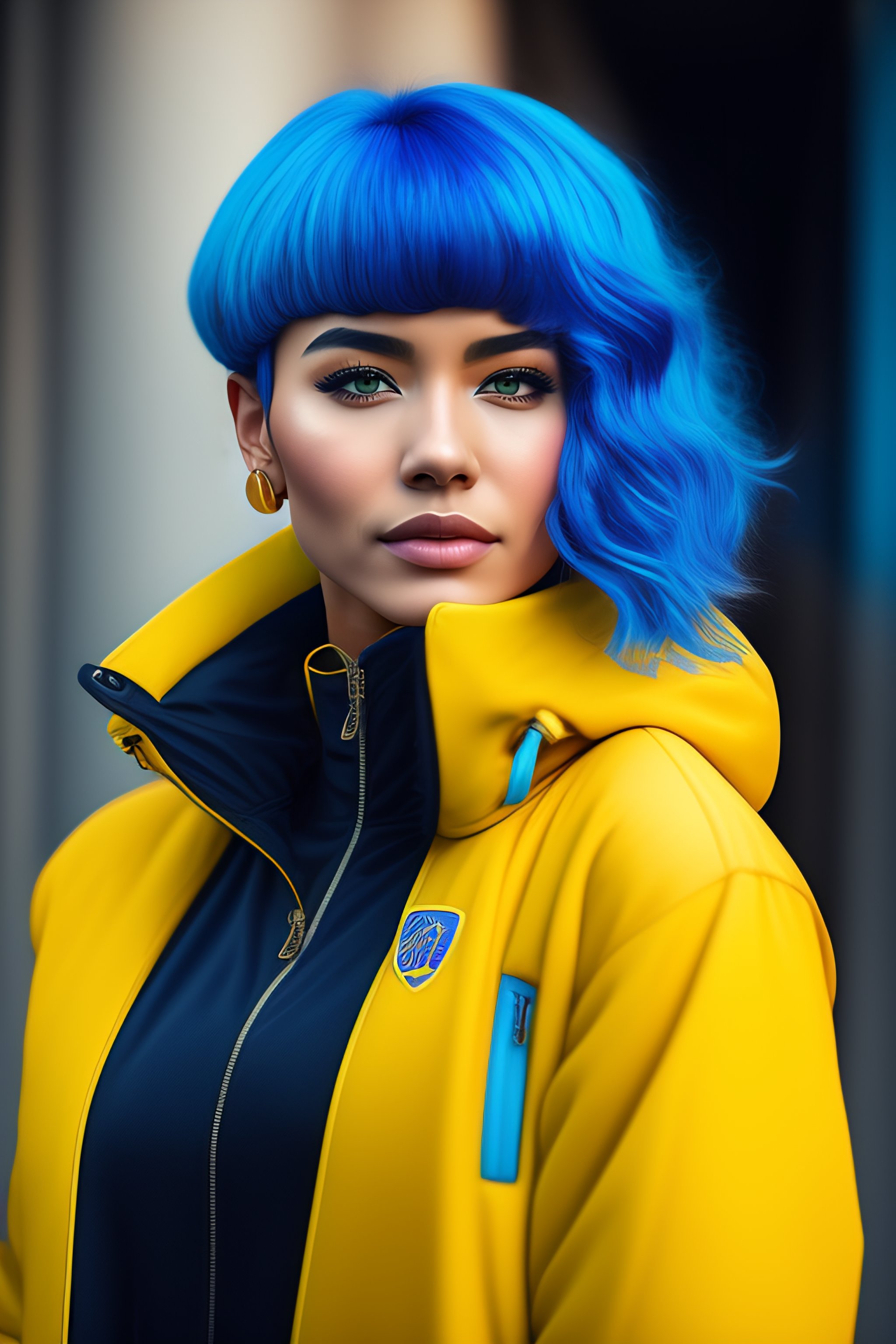 Blue hair yellow jacket