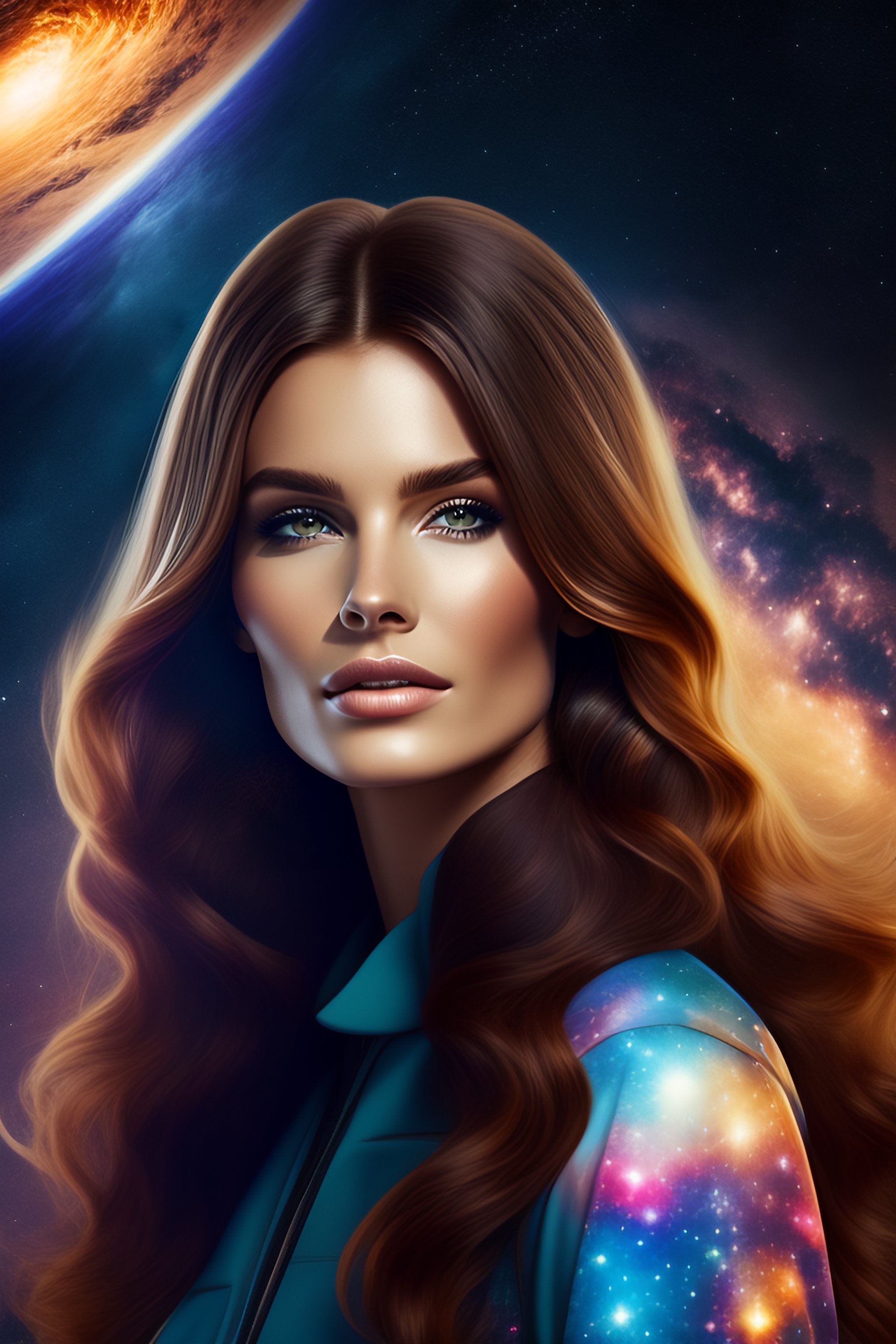 Lexica - Brown haired girl walking in a galaxy