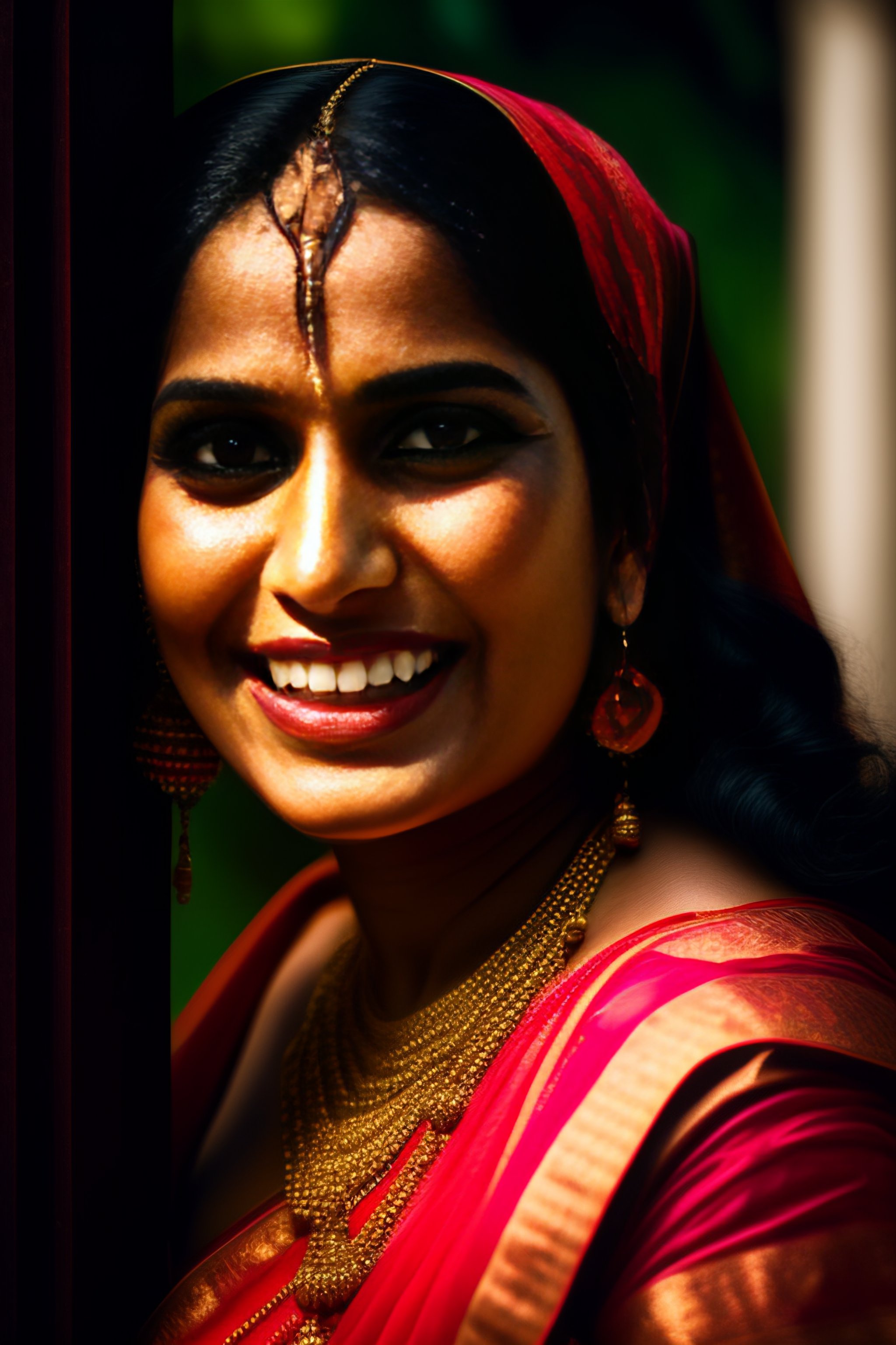 Lexica A traditional Bengali woman, evil eyes, mouth open showing