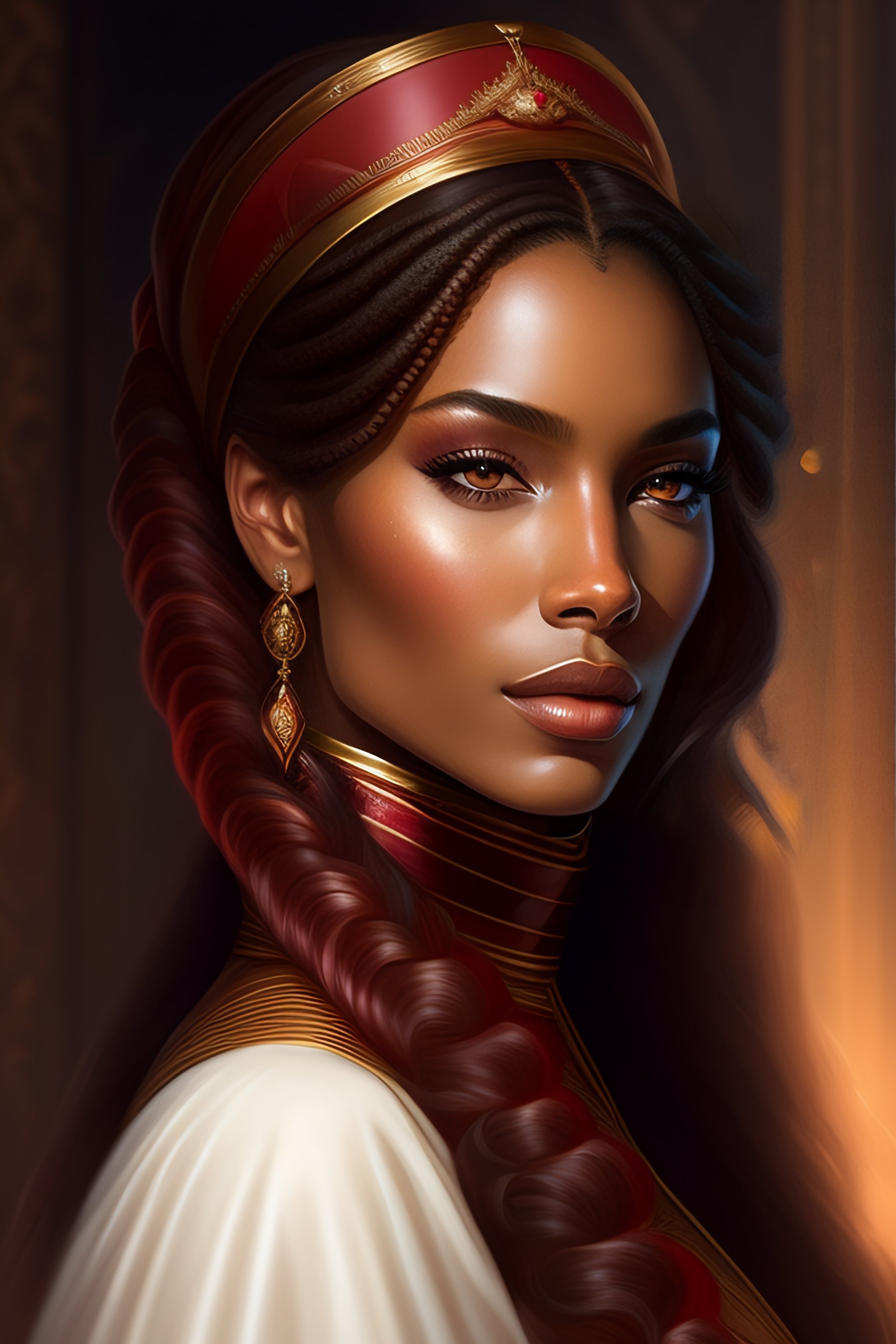 Lexica - Portrait of a queen with long marsala color braided hair ...