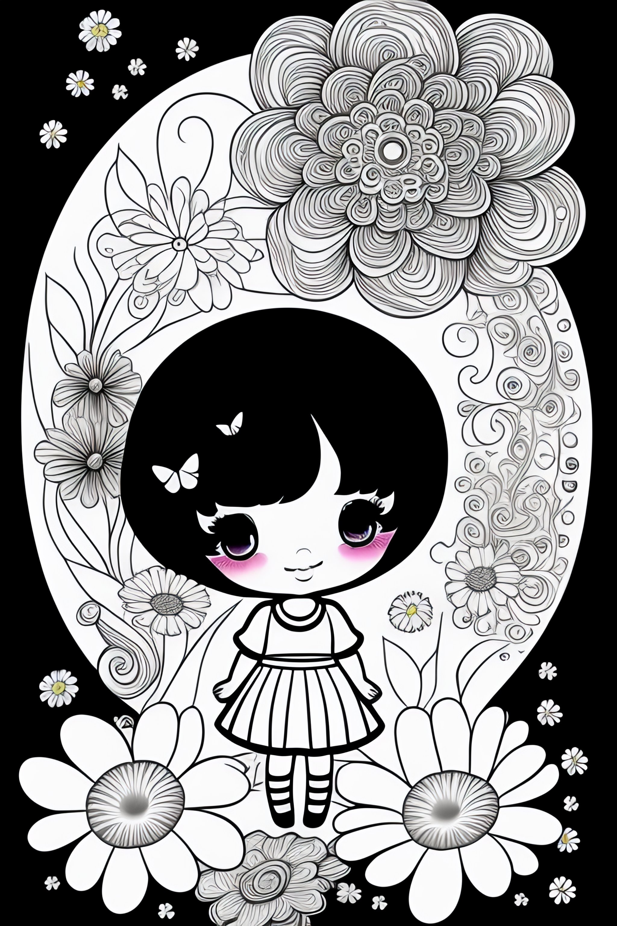 Kawaii Coloring Pages Big Eyes Long Hair Black and White Flowers · Creative  Fabrica