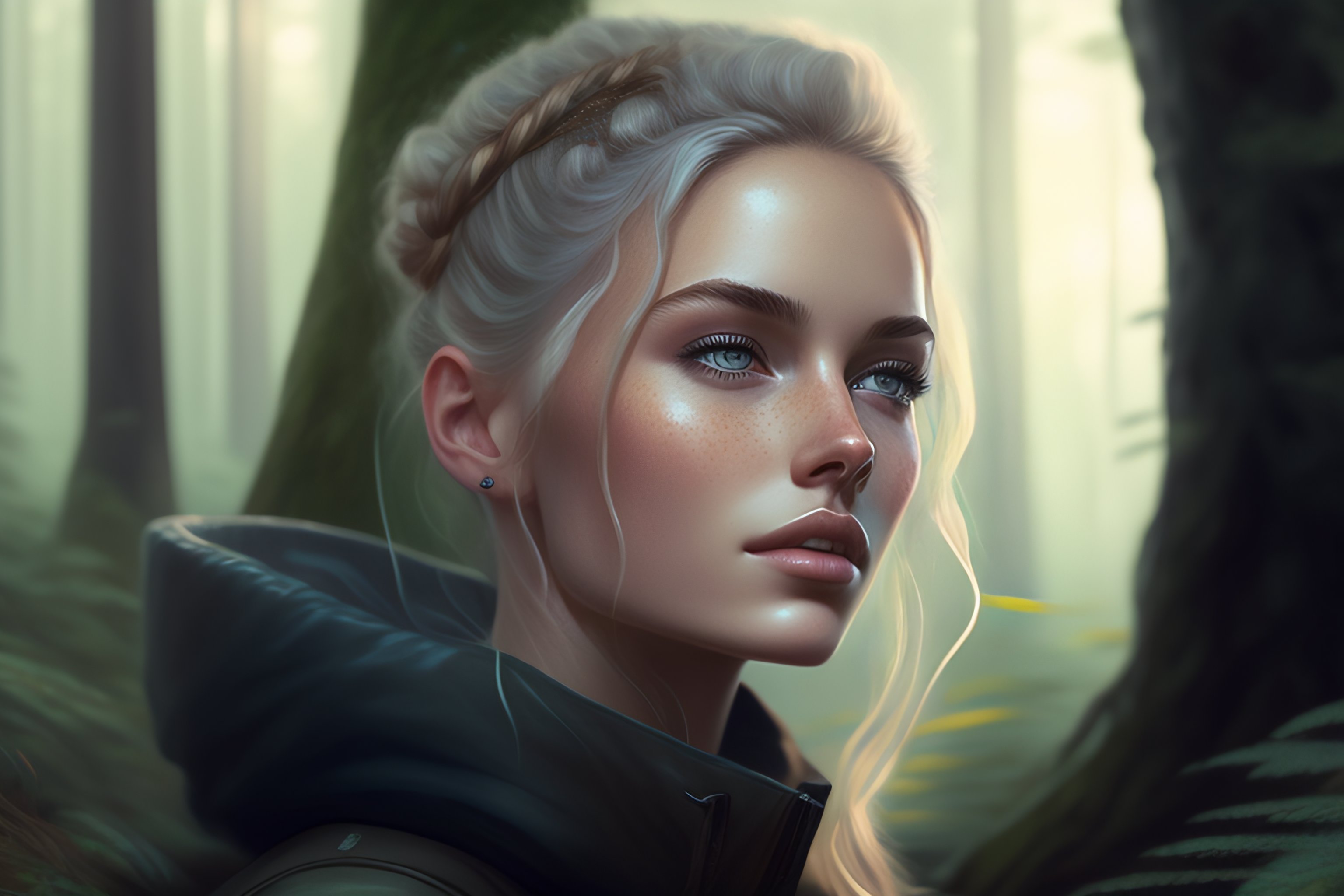 Lexica - Young 23 year old woman, with short dirty blonde hair, in a double  bun, sleeping in a forest, dirty face, no makeup, art by greg rutkowski, ...