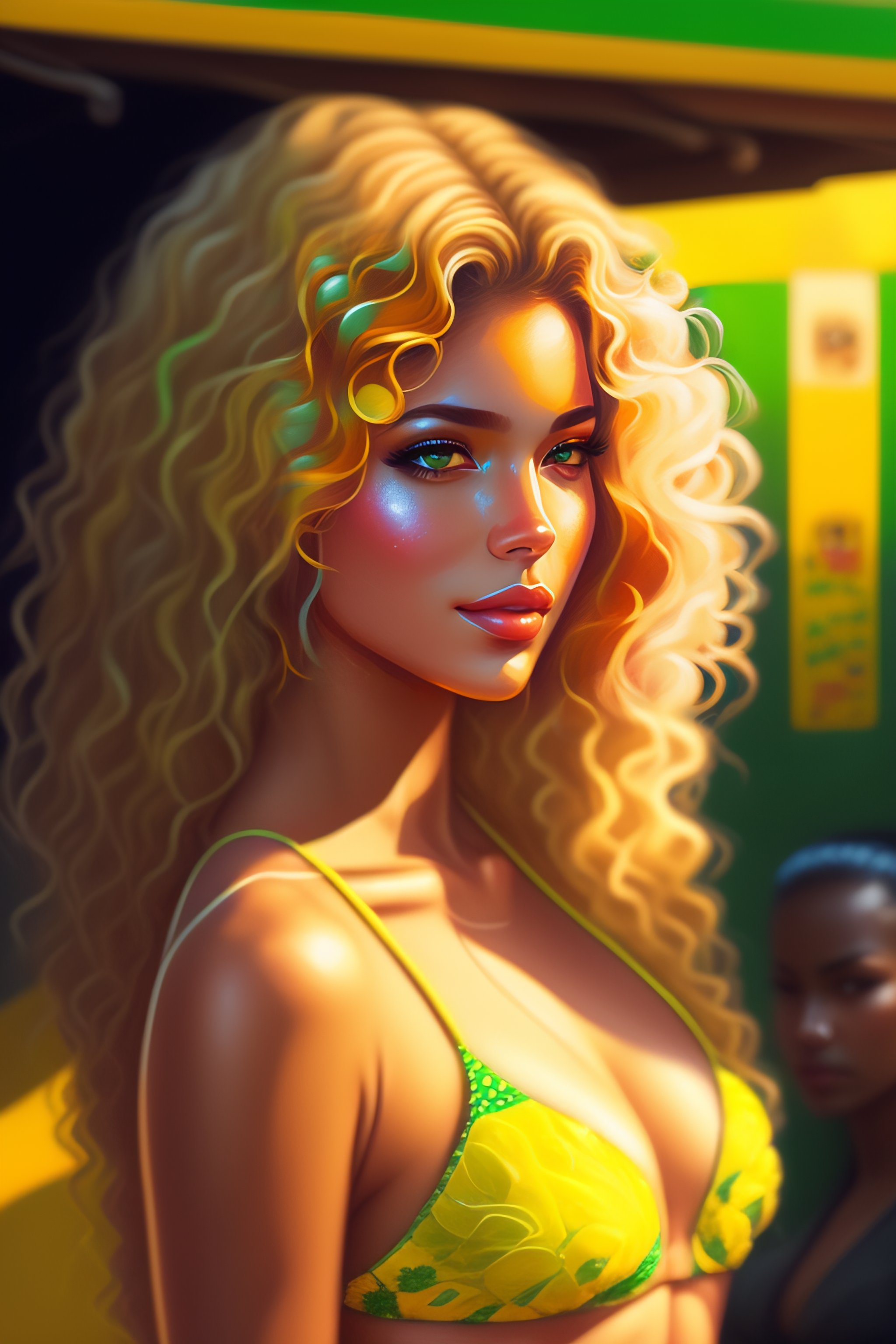 Lexica Elegant Brazilian Twin Woman Blonde Curly Hair Wearing Bikini Yellow Green In Favela