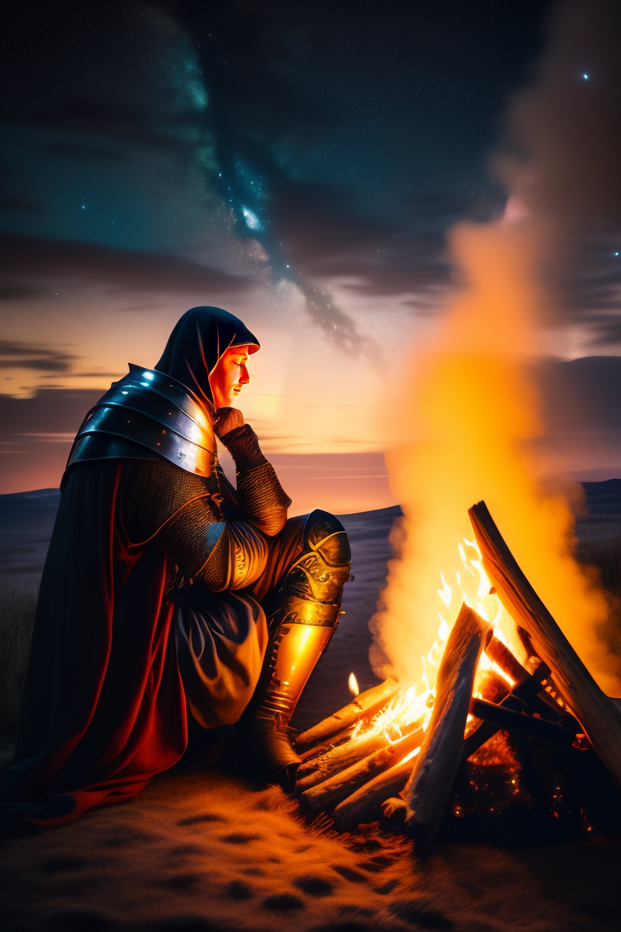 Lexica A knight resting beside a campfire looking up at the stars at night, realistic, detailed