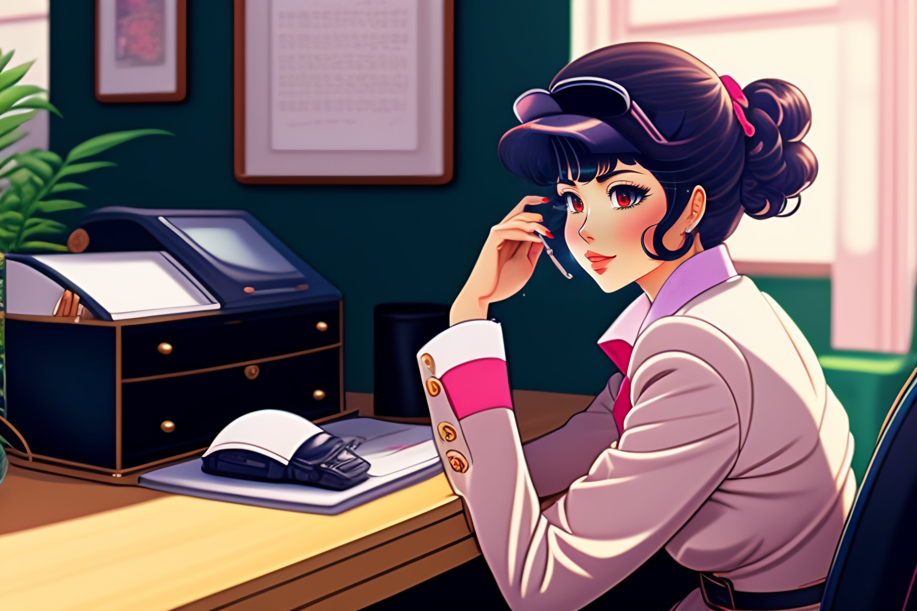 Lexica A Woman sitting in a chair typing on a