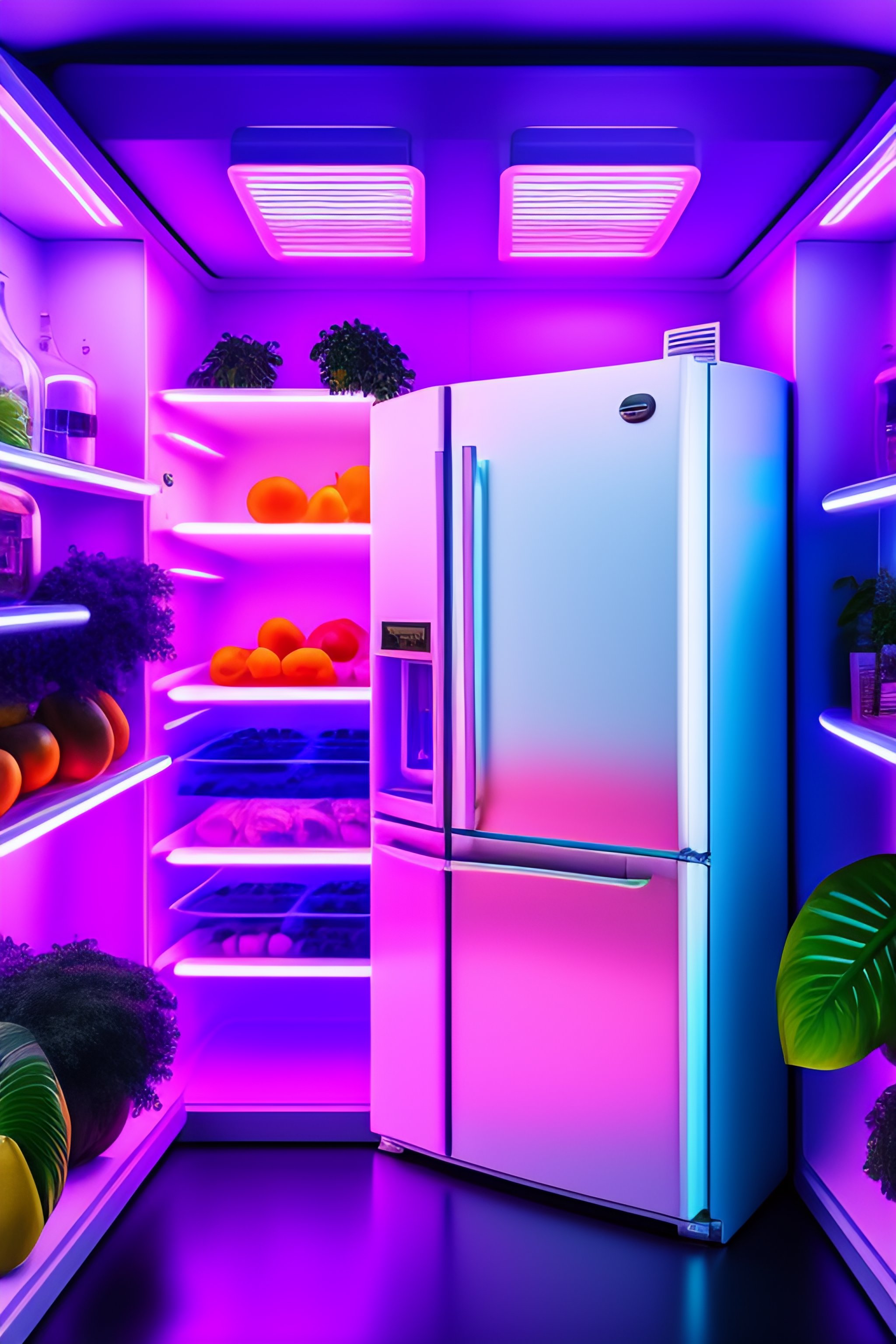 Lexica Interior of walkin refrigerator in a vaporwave jungle with