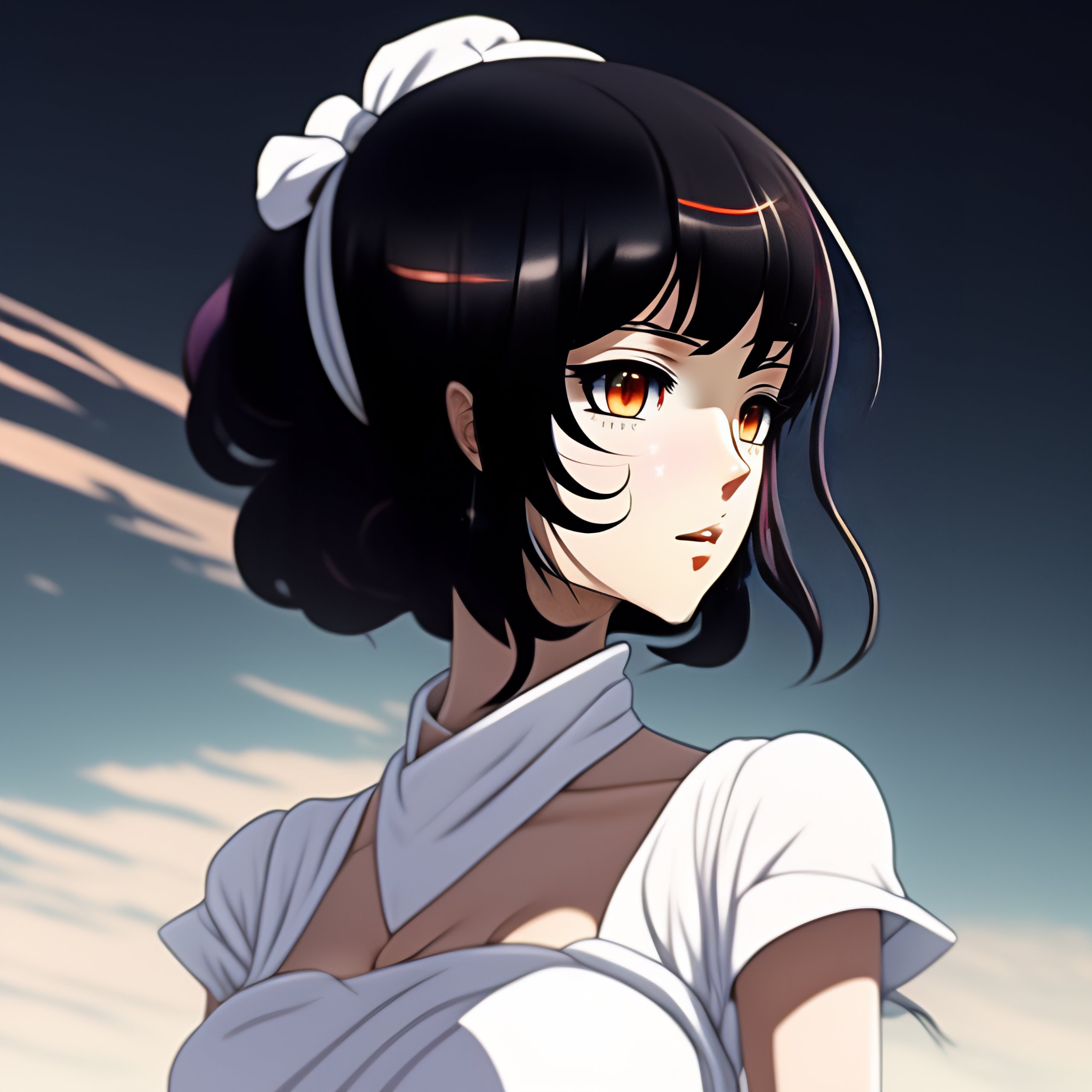 Lexica - Anime style, woman standing facing away from camera, black hair,  wearing a white dress