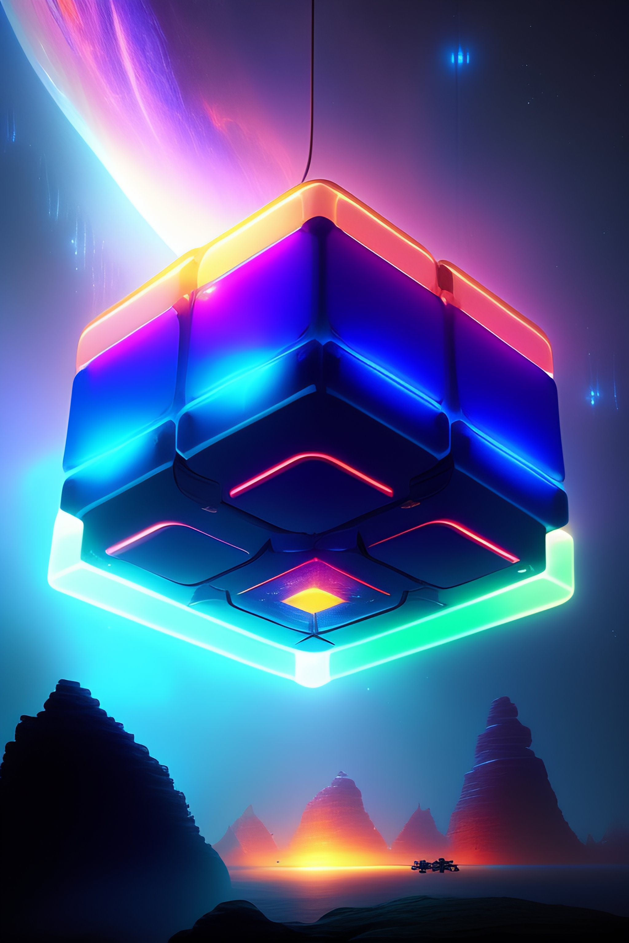 Lexica - A fleet of giant glowing futuristic circuit cubes tied to each ...