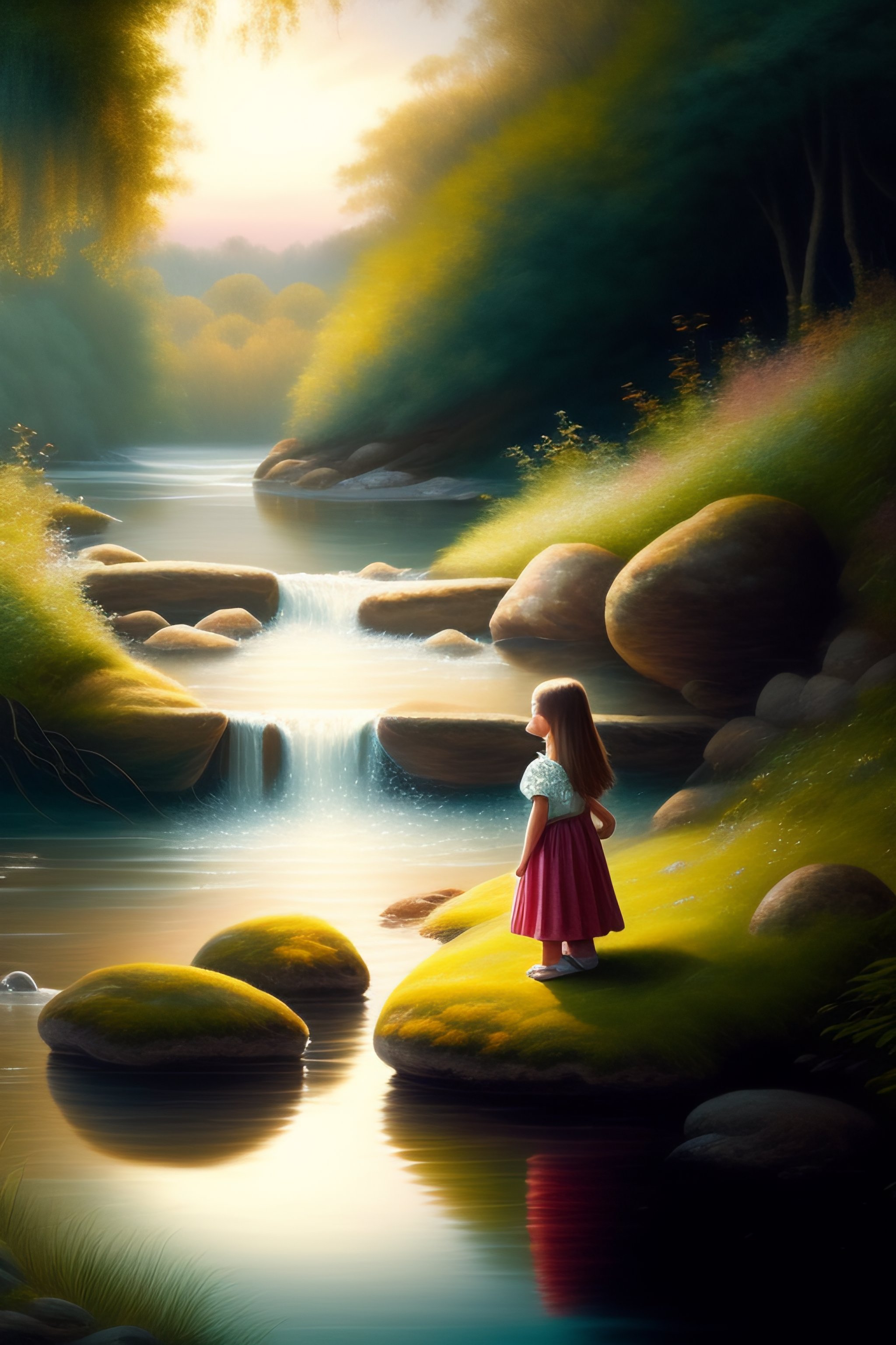 Lexica - A young girl facing us with her feet in the water of a stream ...