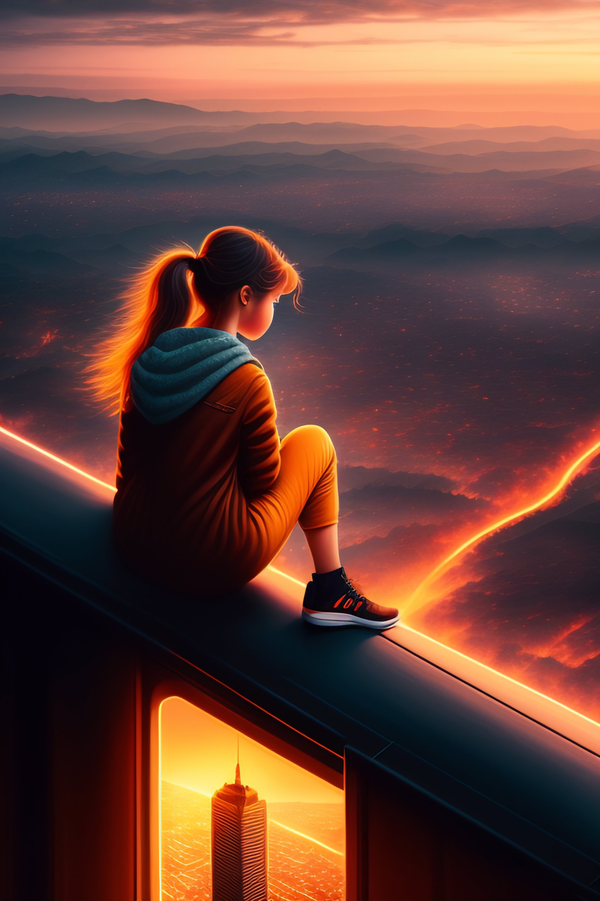 Lexica - Girl sitting on a roof looking down at a city below in flames ...