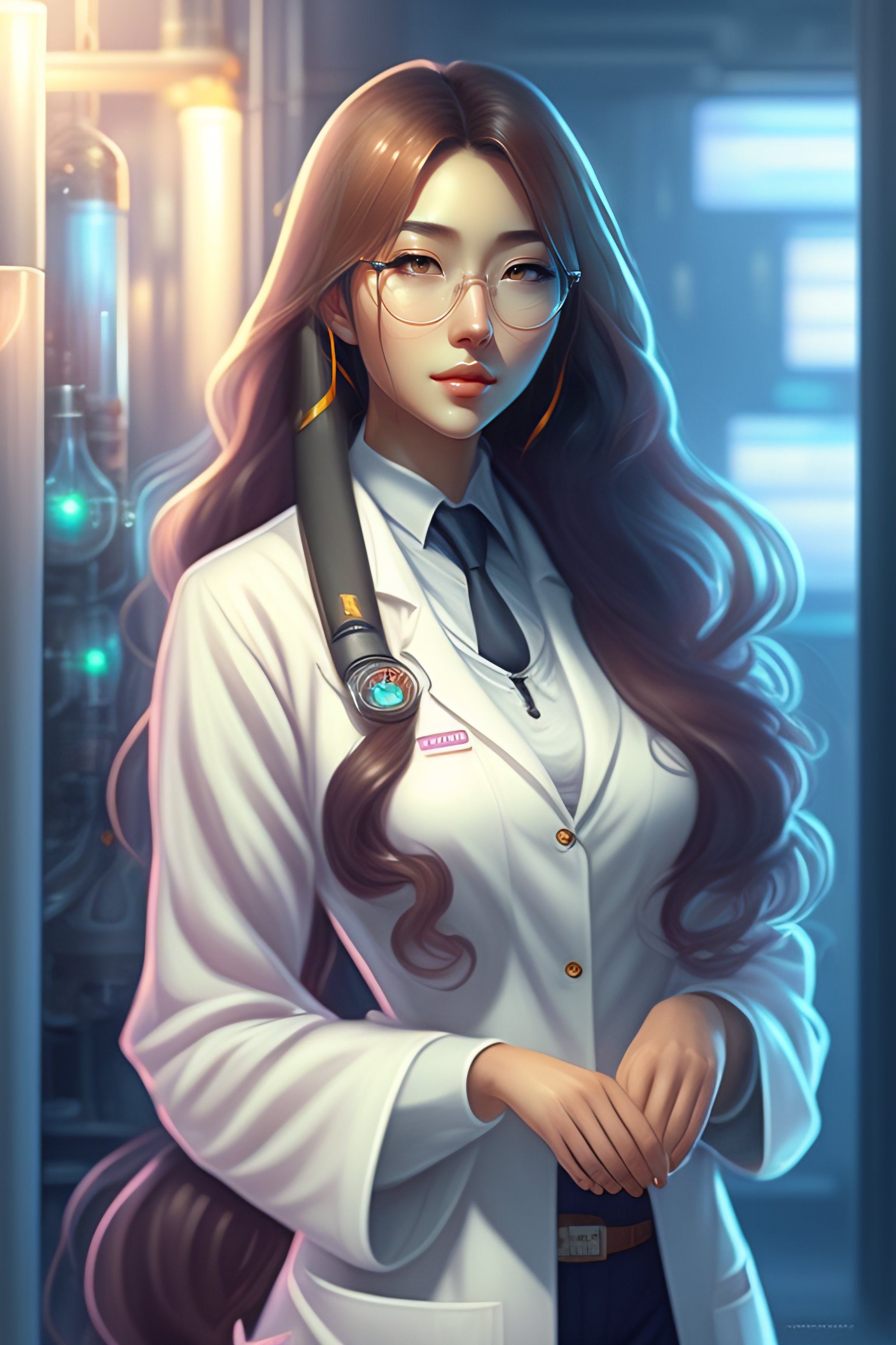 Lexica - Beautiful anime girl with long hair, wearing lab coat and ...