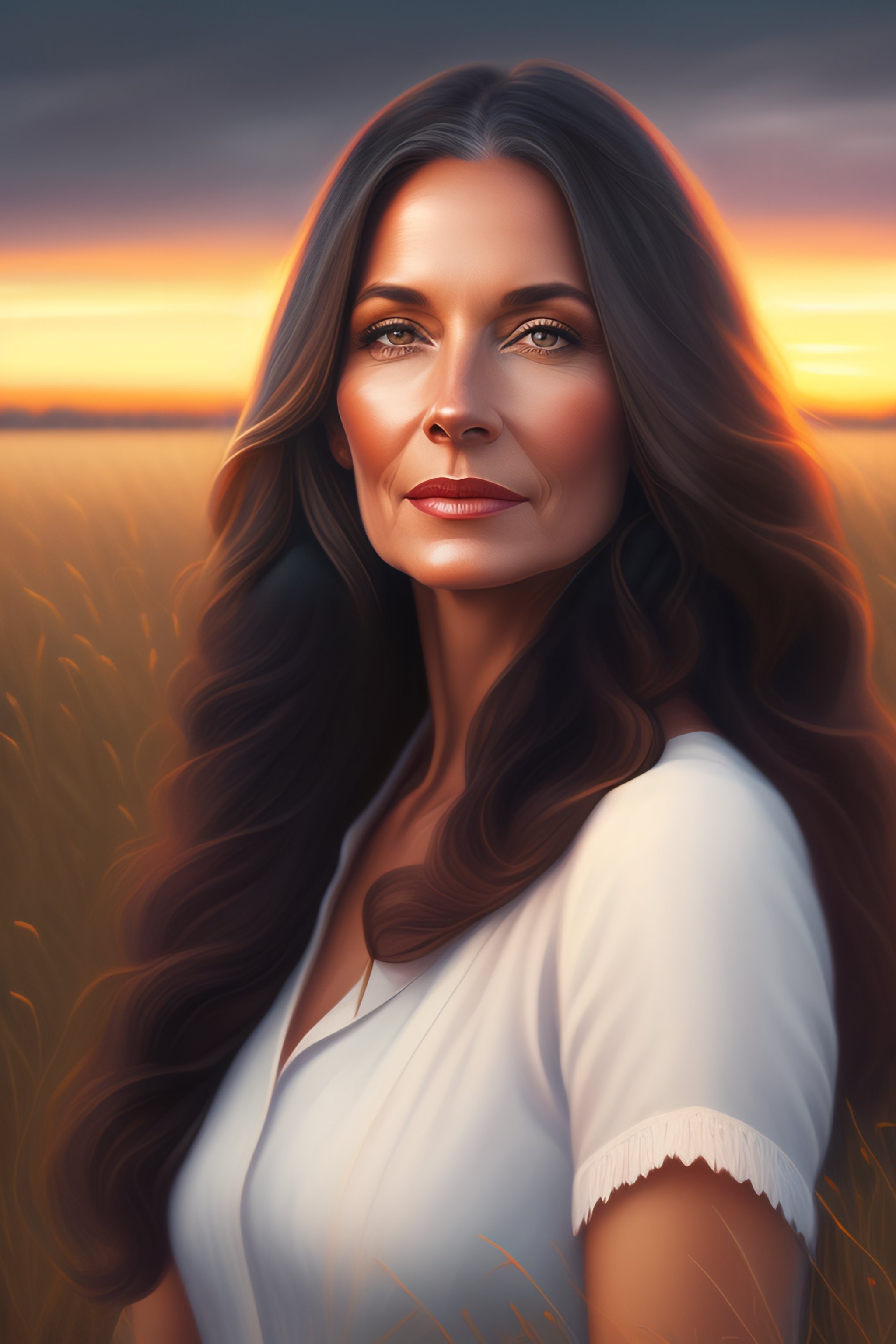 Lexica - A detailed portrait of a attractive 40 year old grayish straight hair  women standing in a field at dusk with sunset illustrator, digital art...