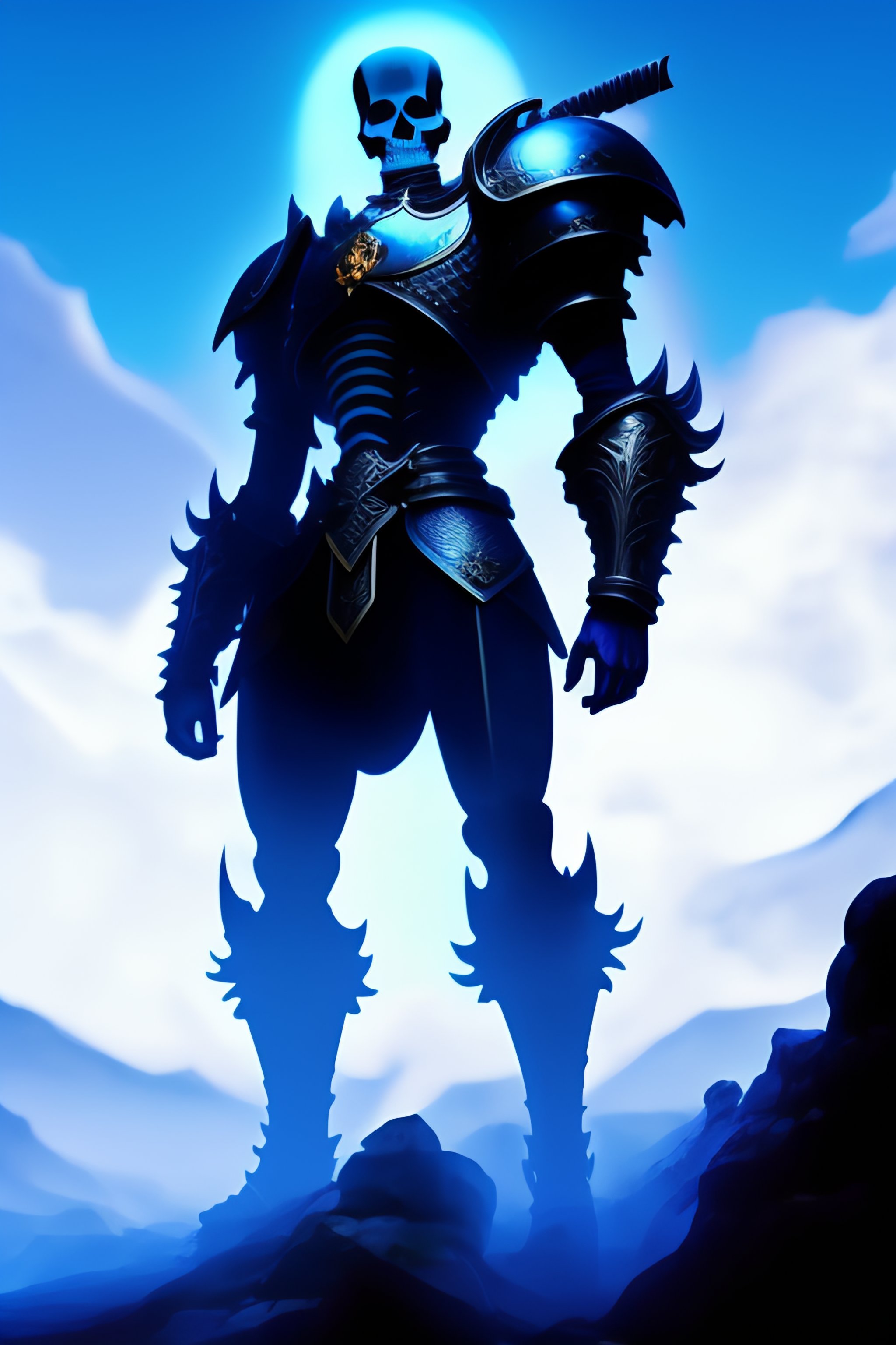 Lexica Giant skeleton in black armor, blue ghostly aura around him