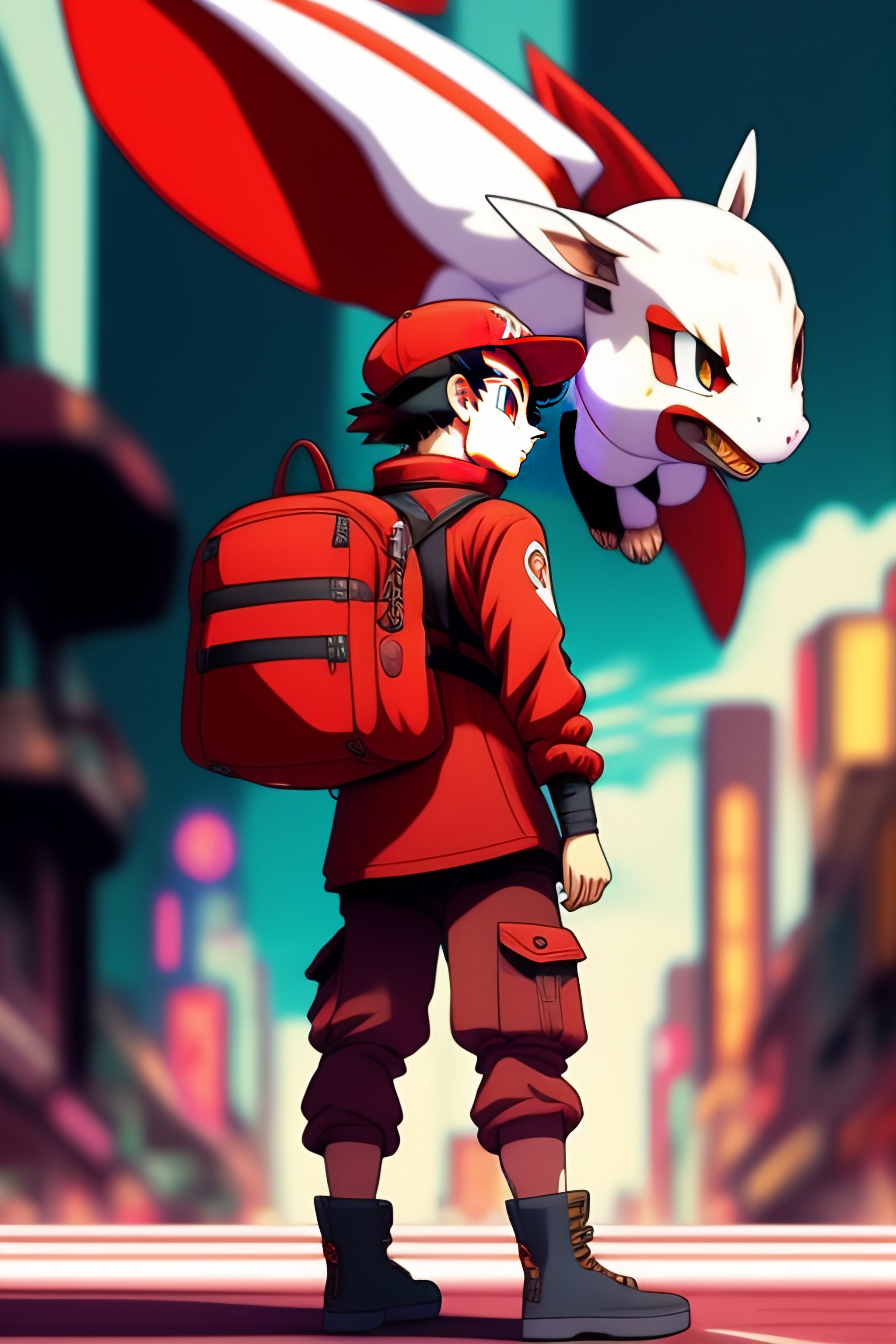 Lexica - A picture of a full body male pokemon trainer in red and white with  a flying charizard in a neo punk city, color full, highly detailed,vinta