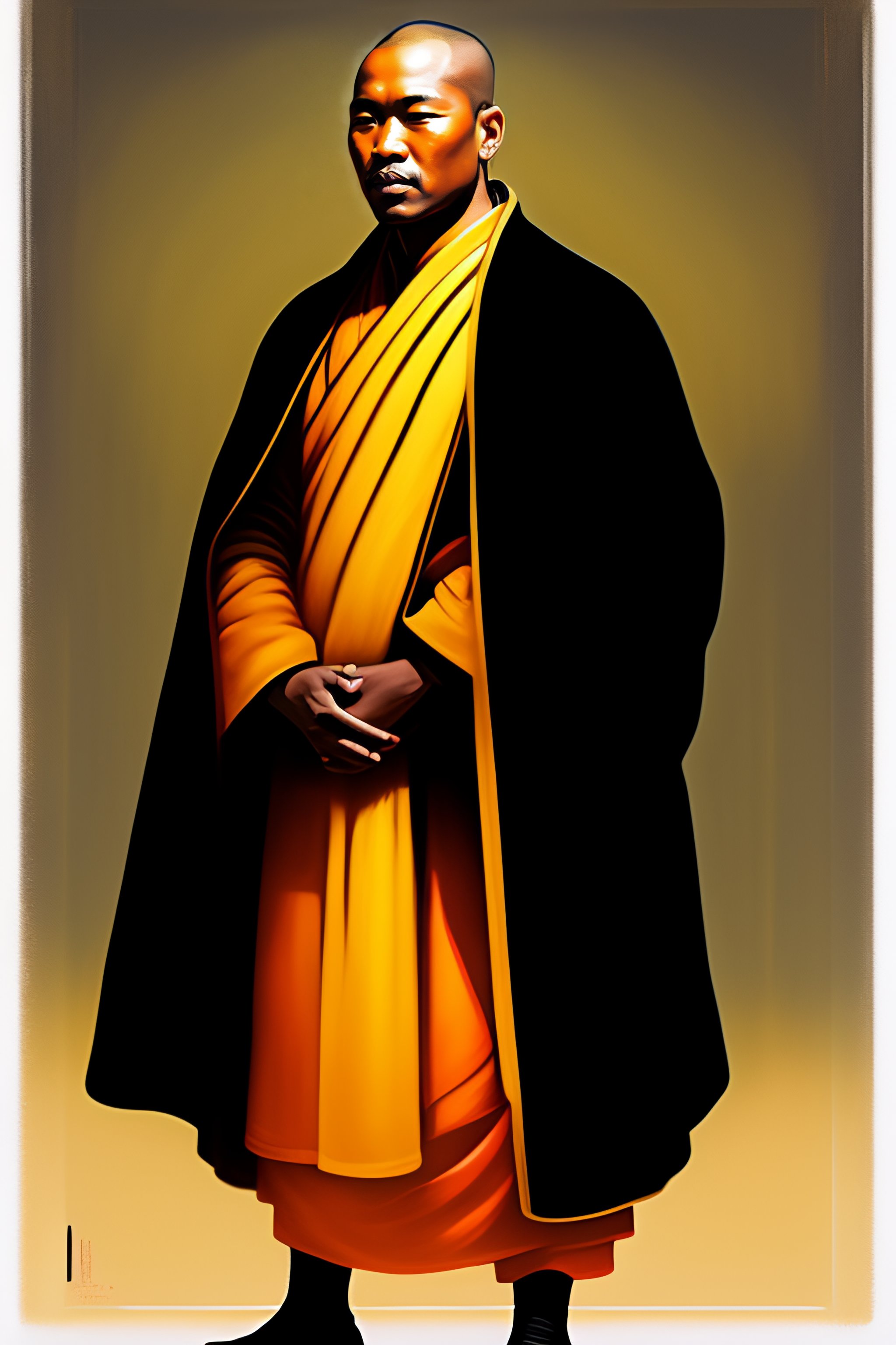 Lexica - Full body photograph of a priest of a religion which is a  combination of buddhism, christianity and hinduism, elegant robes, black  Buddhist