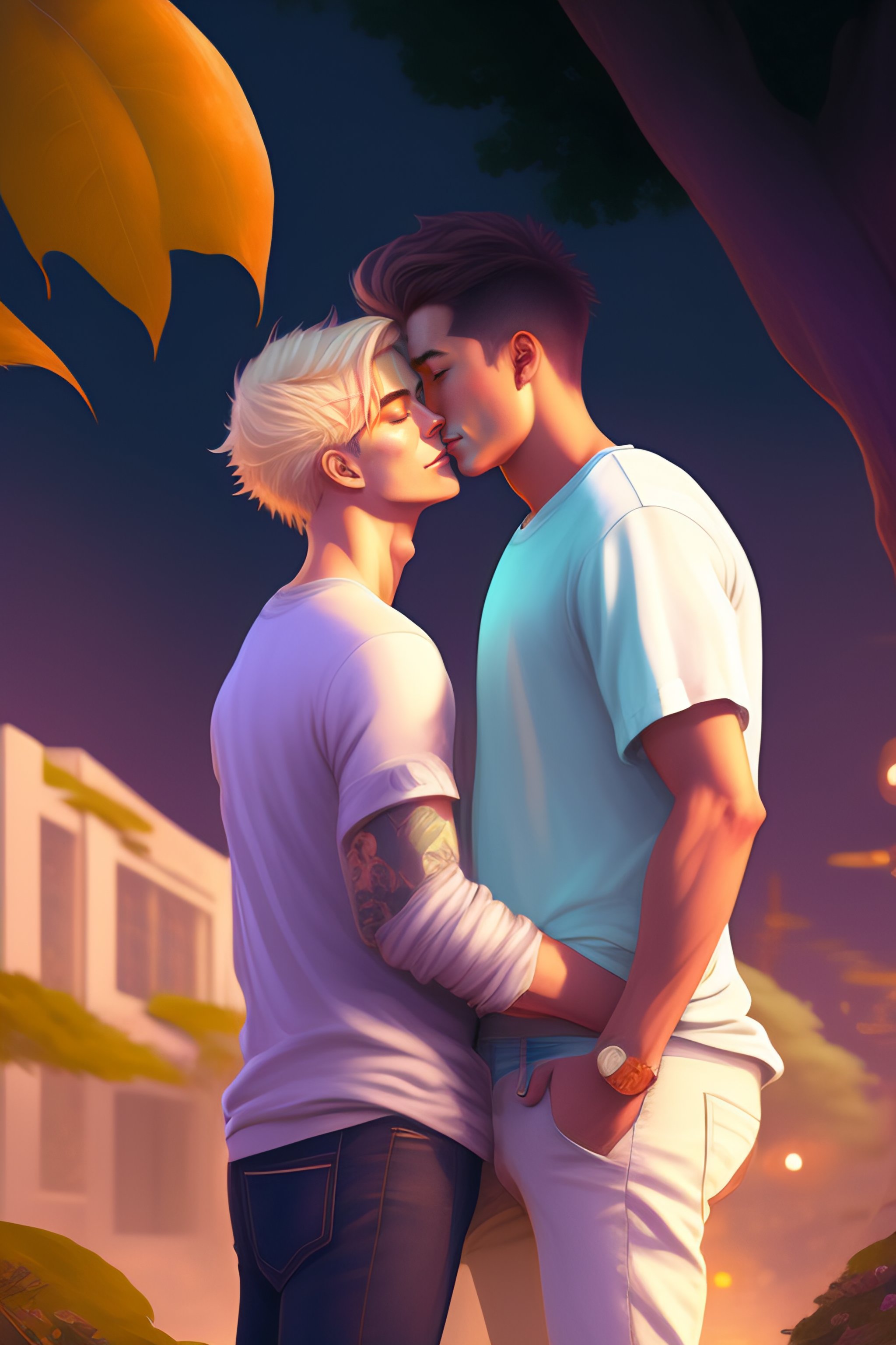 Lexica - Young man with short blonde hair kissing his boyfriend,  cell-shaded, casual clothes wearing jeans but no top, plain purple t-shirt,  standing...