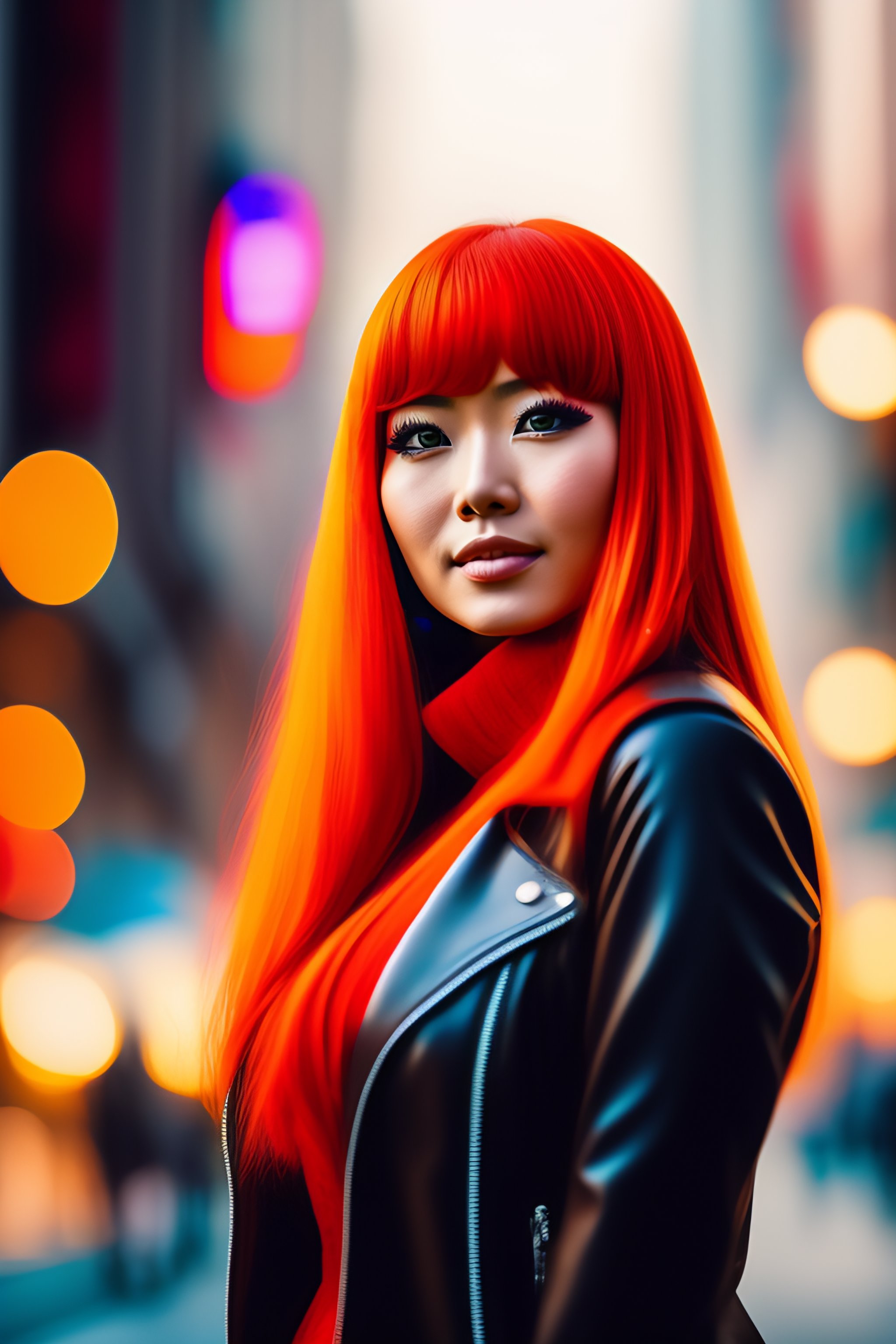 Lexica - Full body portrait of japanese anime cartoon woman with red hair  in big town, bokeh