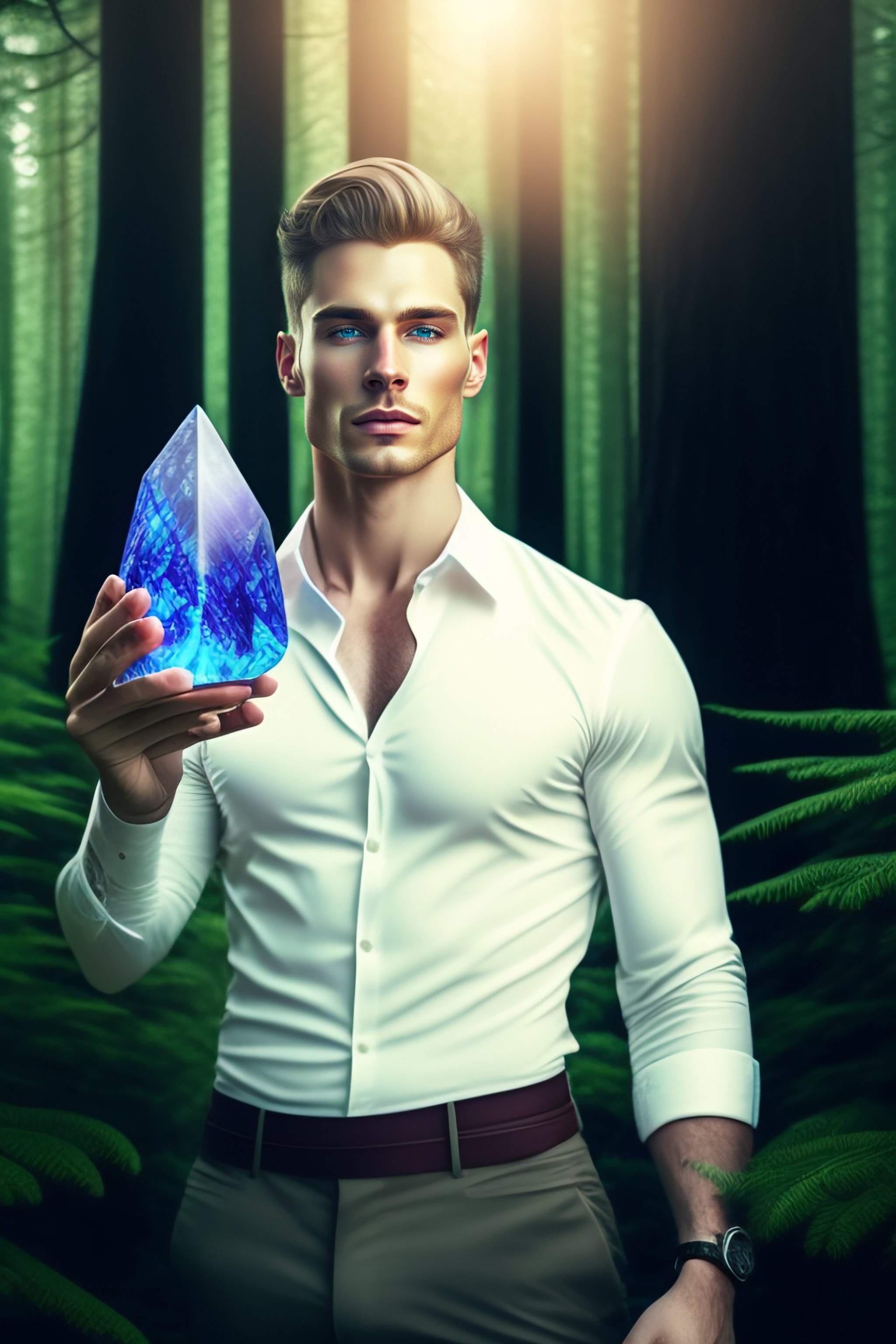 Lexica A masculine blond man with pale skin in the forest. He holds a