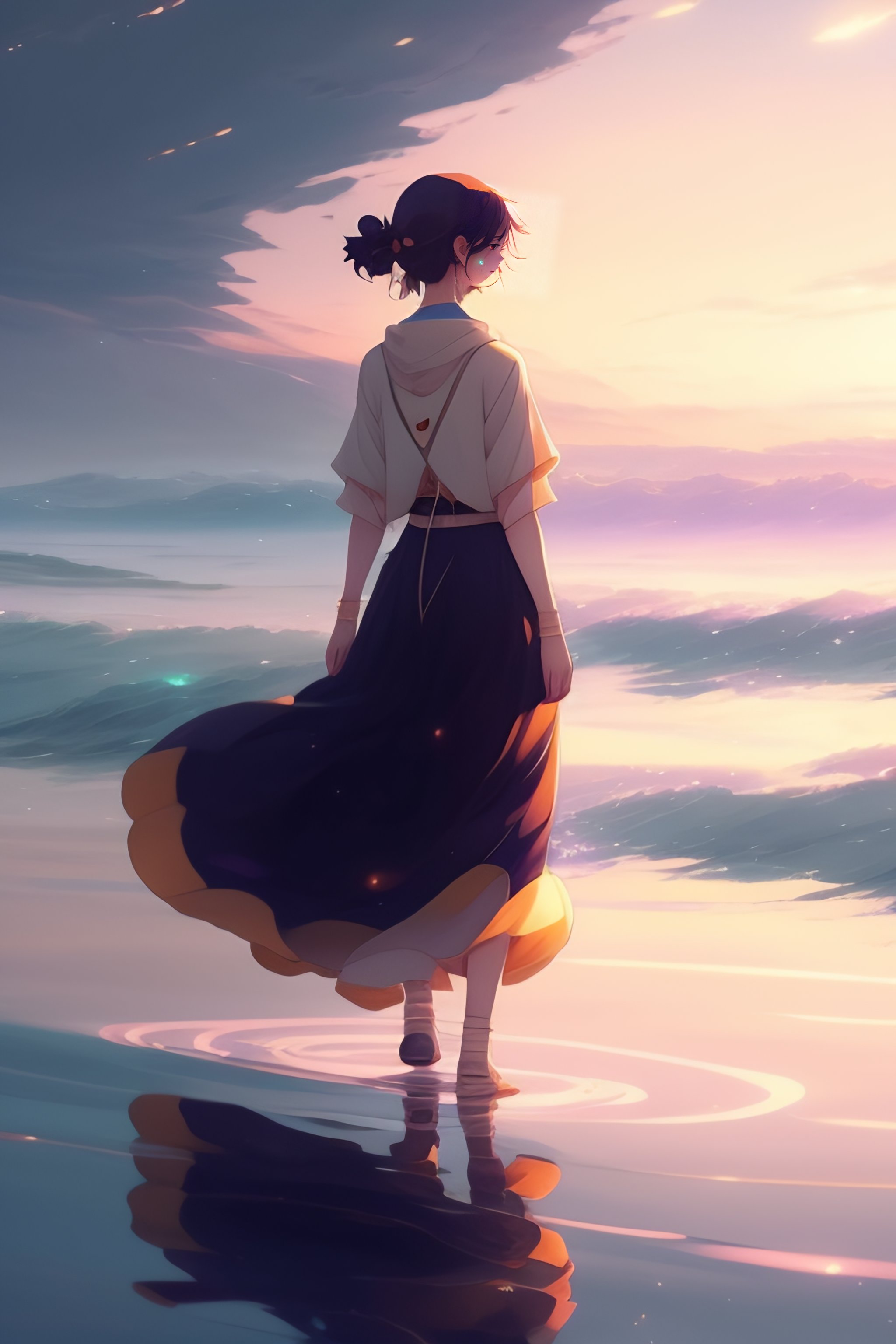 Lexica - Anime girl walking on water, ripples, backdrop of dawn, saturn ...