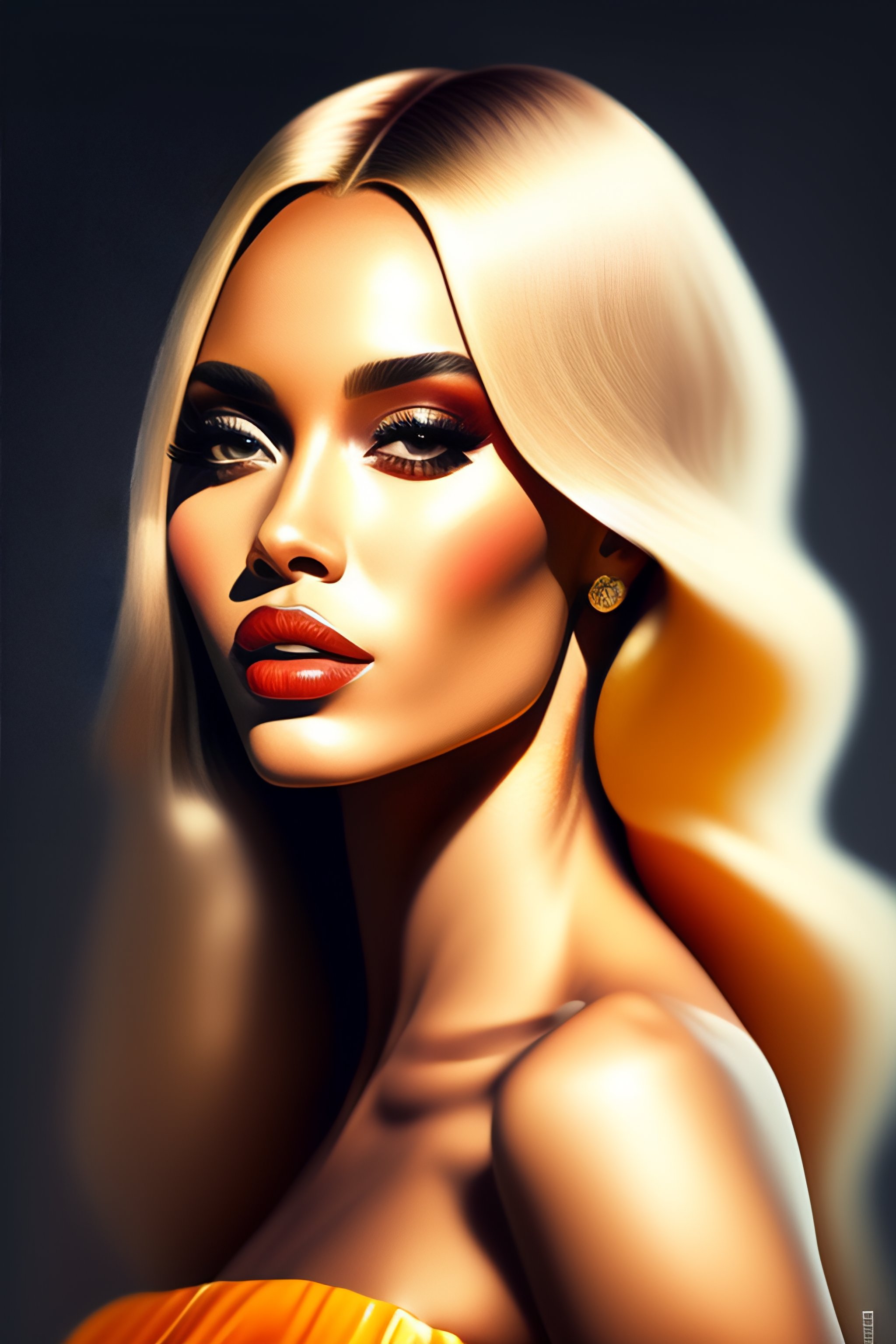 Lexica - A realistic woman with big eyes and big mouth, blond hair | | very  high fashion, fine - face with good cheekbones, body-fitted long dress in...