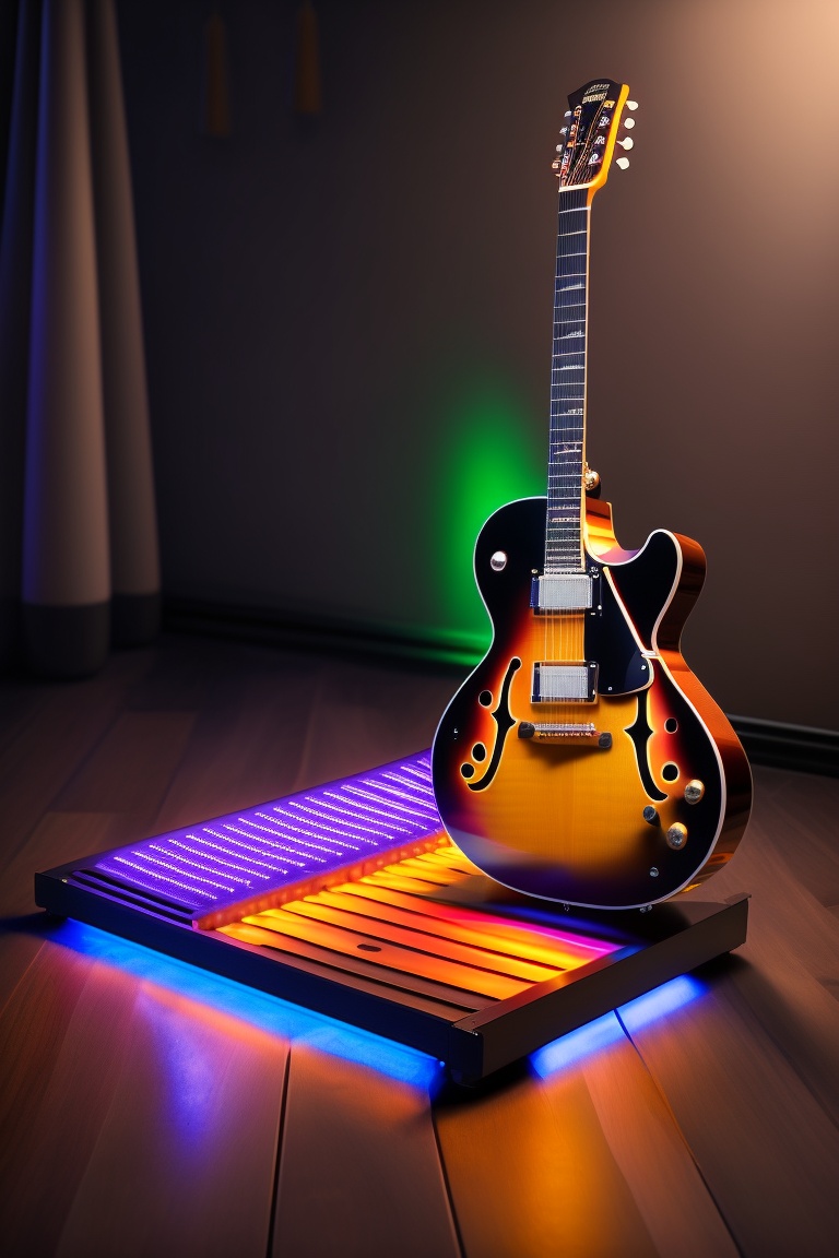 Lexica Guitar pedalboard in a dark room, with lights illuminating the
