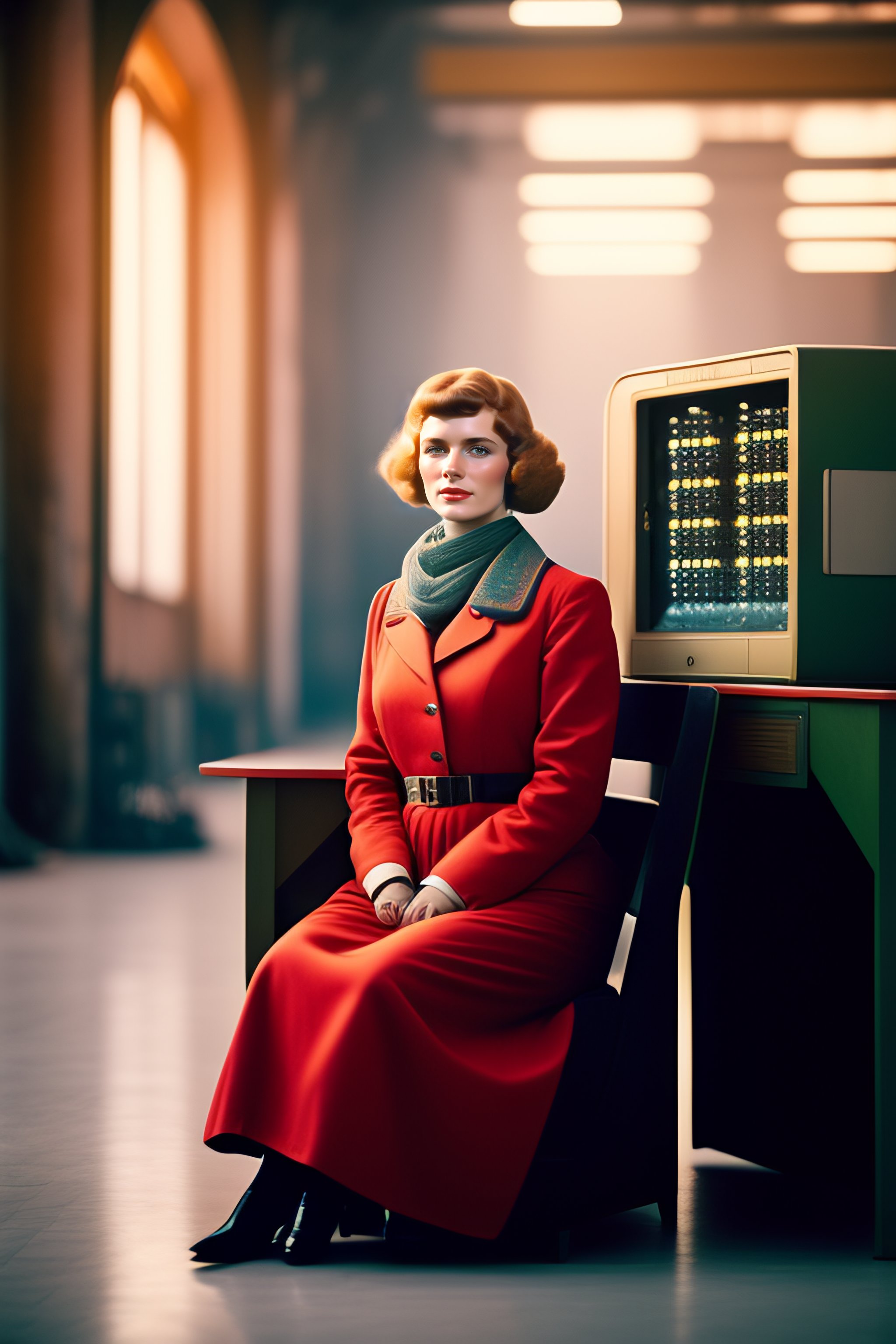 Lexica - A Soviet girl sitting in a chair in front of a soviet computer ...