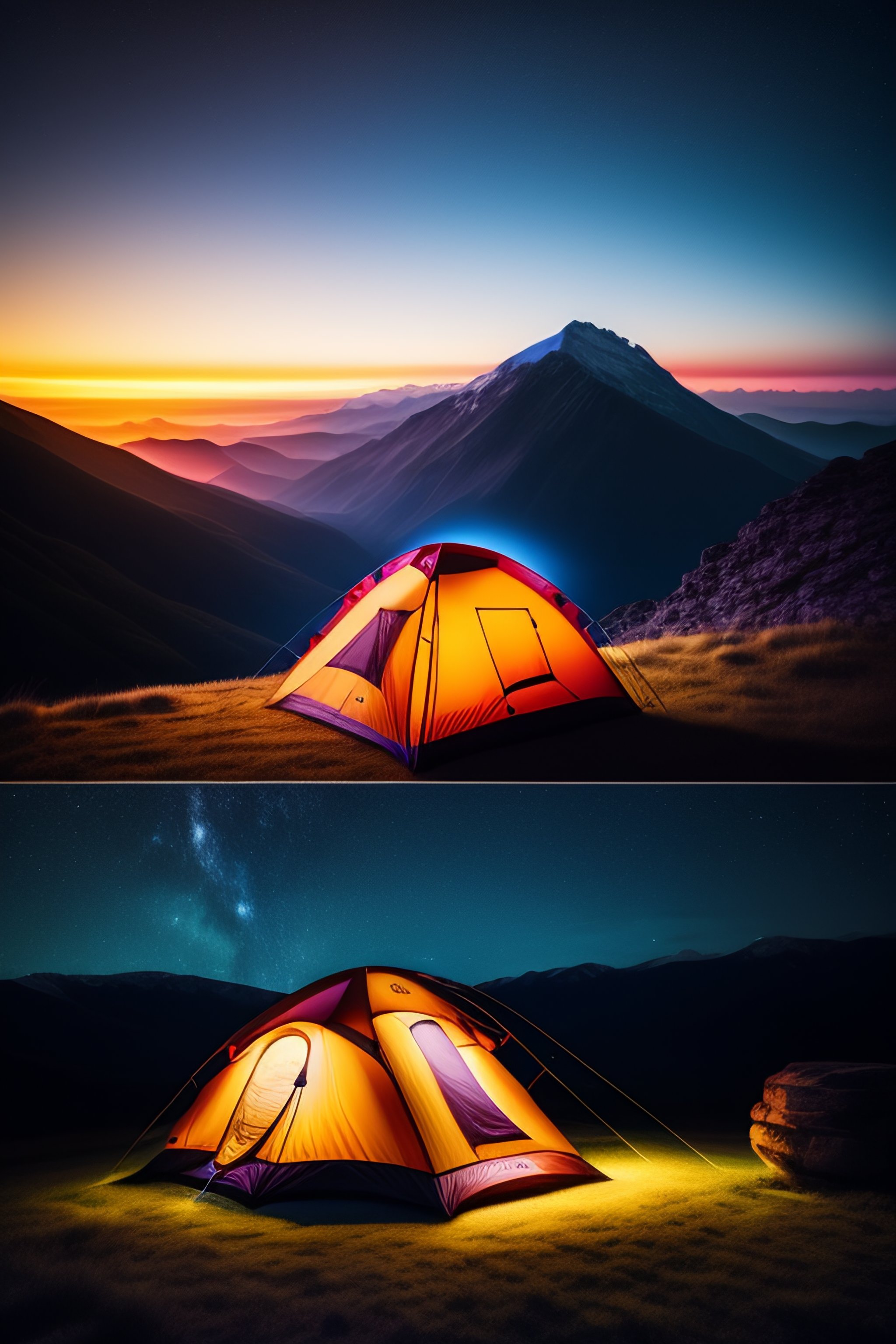 Lexica - A tent pitched up on top of a mountain under a night sky ...
