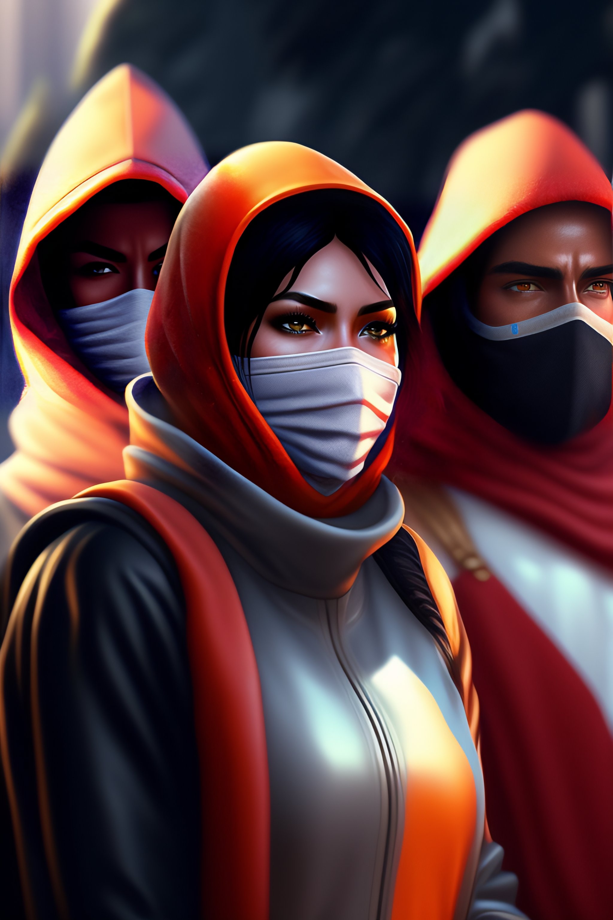 Lexica An oil painting 4 man with balaclavas with hostages, cartoon, by artgerm, hd, hdr, ue 5
