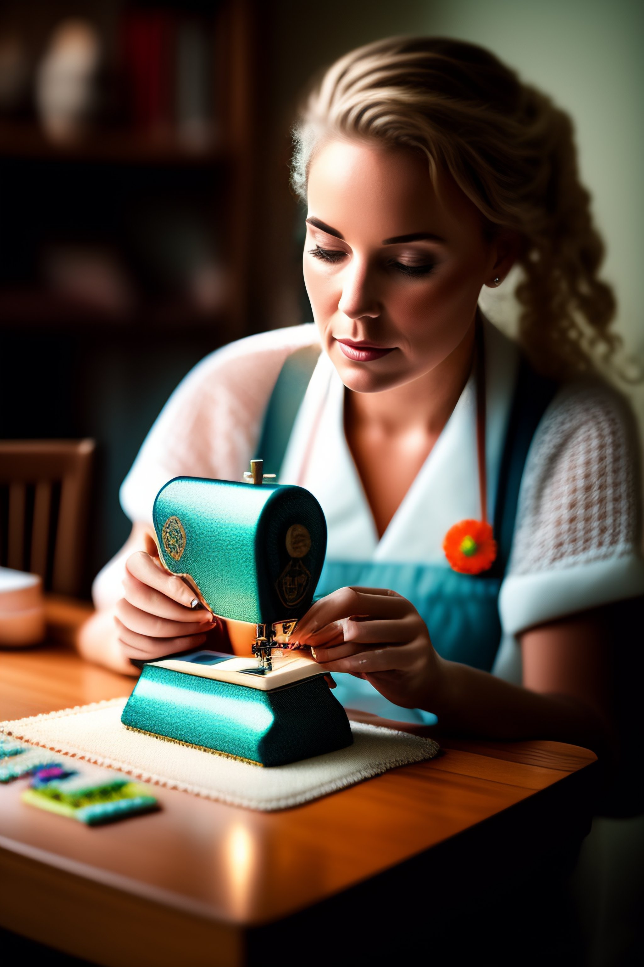 Lexica - A young white woman in the room is sitting and sewing a doll ...