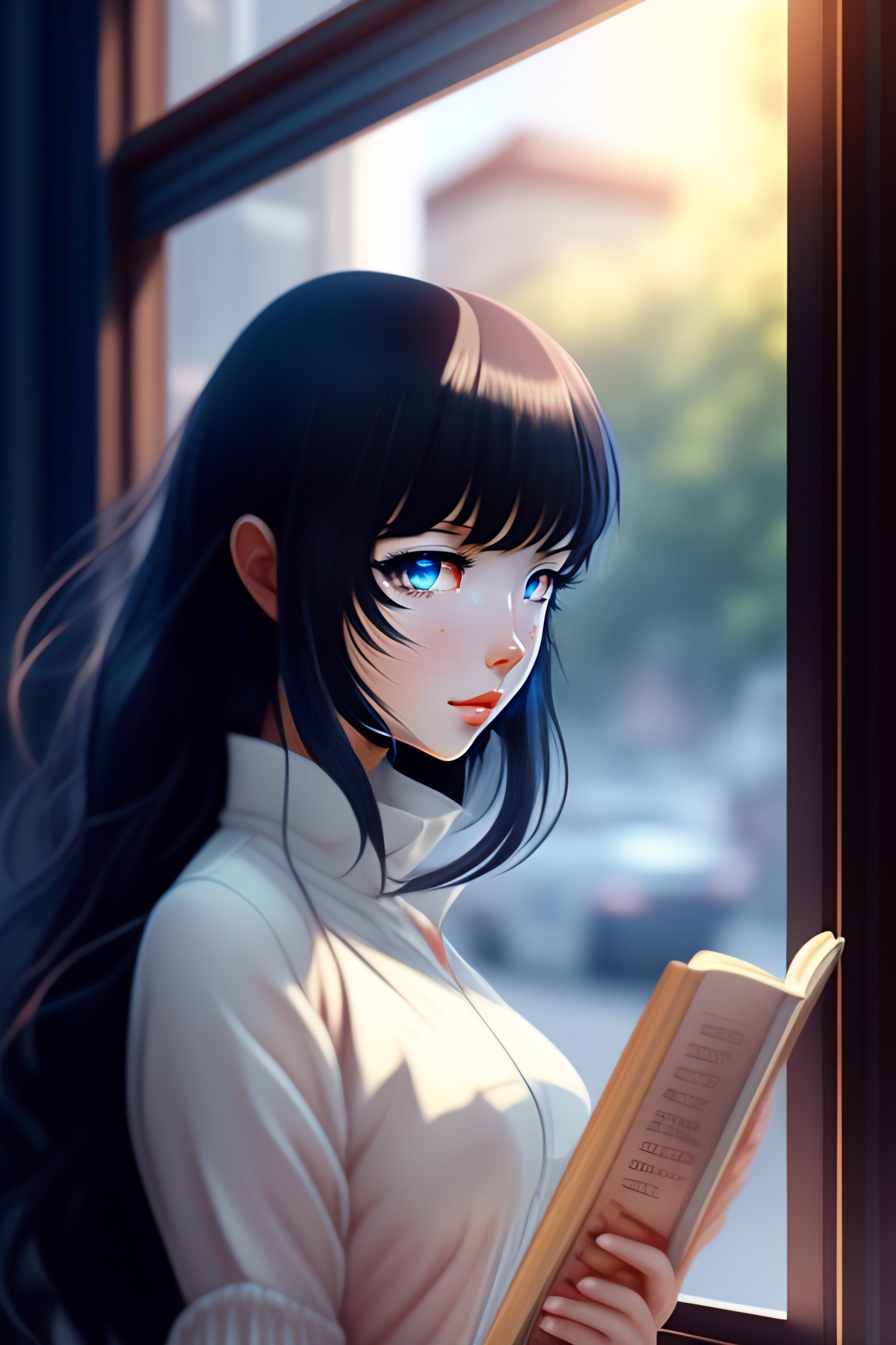 blue eyes, profile, anime, anime girls, portrait display, books, black  hair, side view, blushing, reading