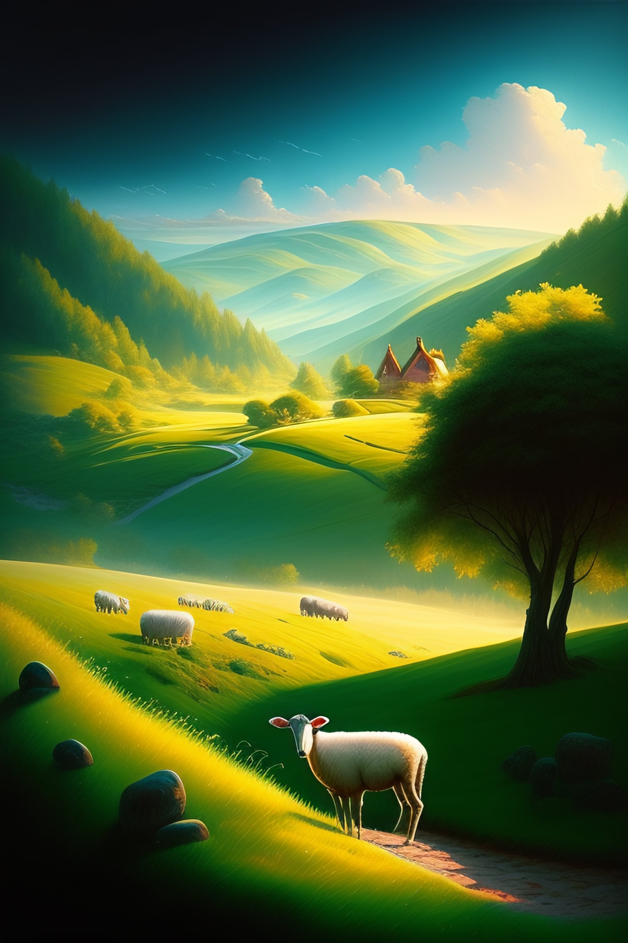 Lexica - Shepard with sheep in pastoral scene, verdant valley, splendor ...
