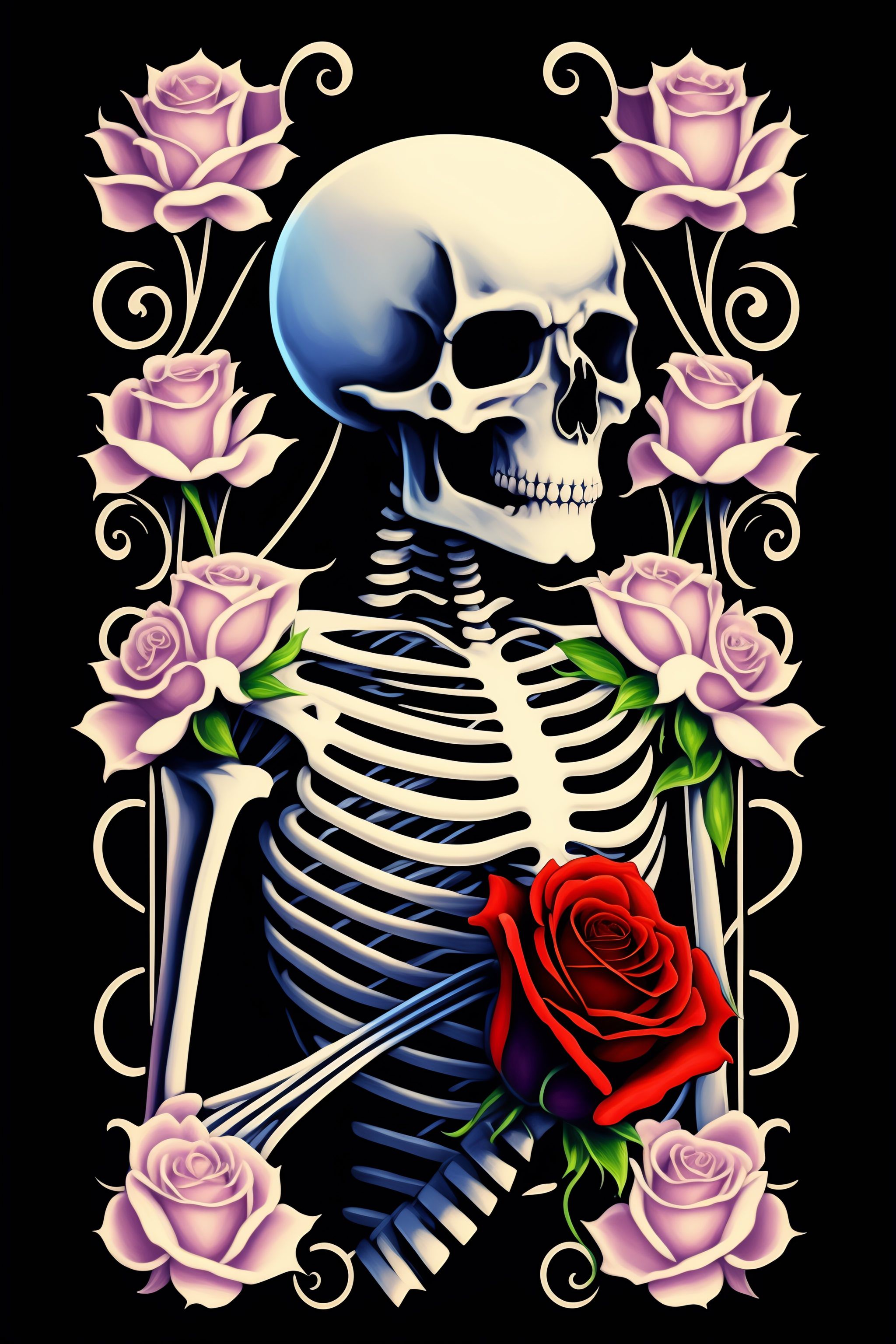 Lexica - A tshirt design of a skeleton person holding roses, low ...