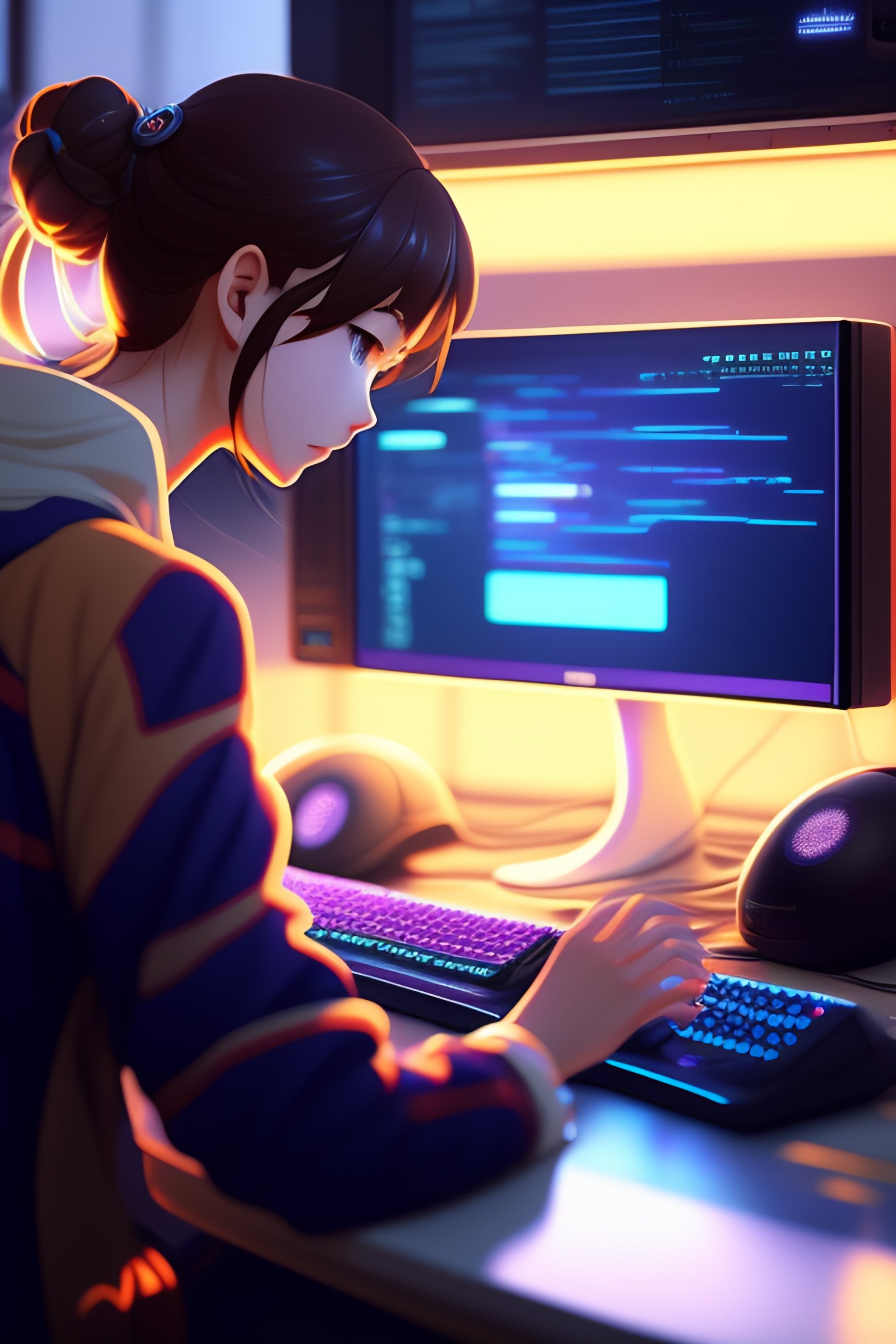 Lexica - create a high resolution artwork of anime girl is programming at a  computer in a room full of gadgets